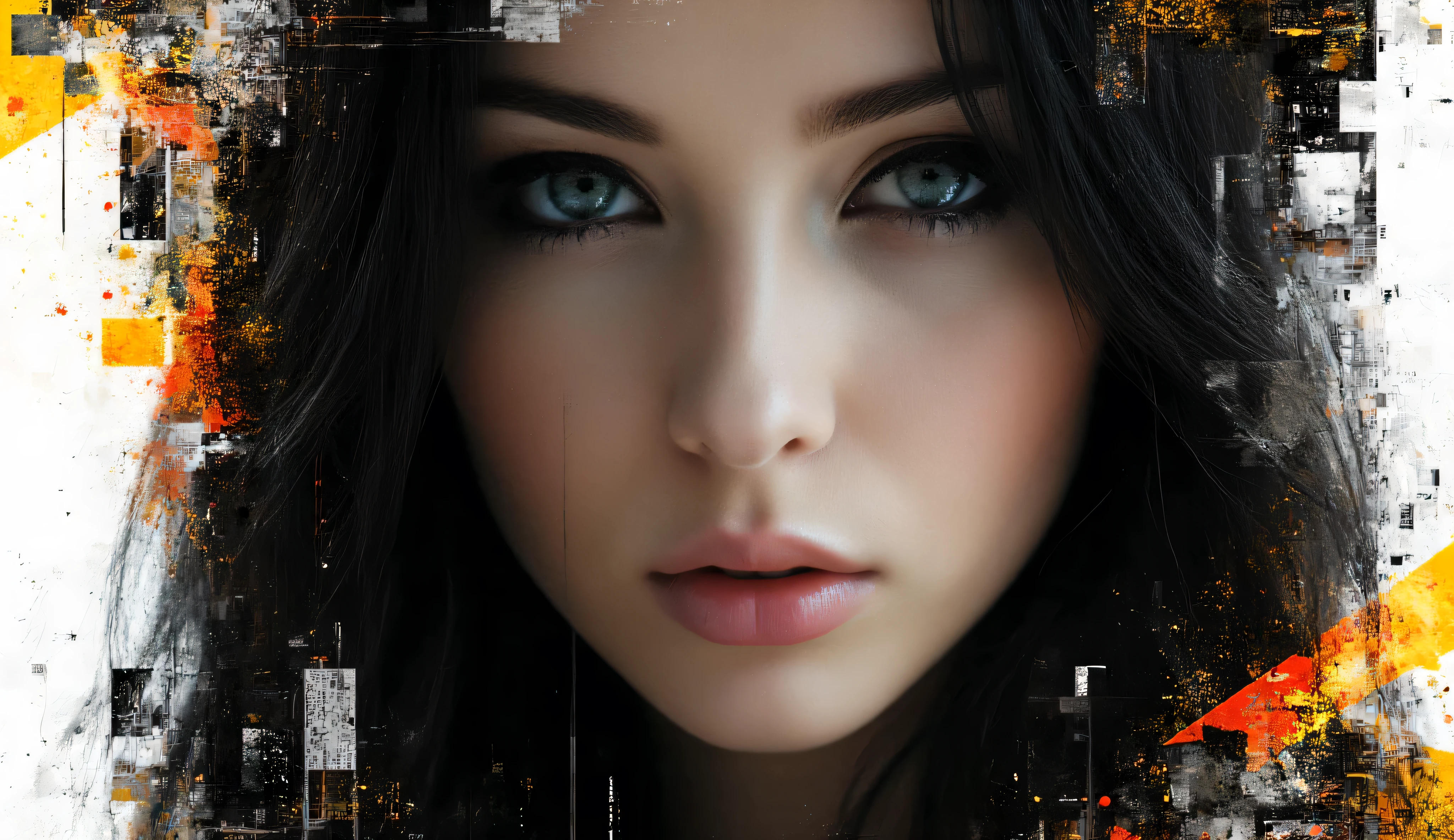 A stunningly beautiful woman with long, flowing black hair and piercing blue eyes, A breathtakingly beautiful cowgirl portrait, ultra-realistic, cinematic close-up. Focus on her flawless face with smooth skin, striking expressive eyes, and elegant makeup with subtle smoky eyes and glossy lips. Color palette: Monochrome base in shades of black, white, and gray, with bold, high-contrast splashes of vibrant orange, burnt yellow, and occasional red highlights. Selective color application enhances visual focus and dramatic contrast.
Style: Portrait influenced by cyberpunk and contemporary abstract art, featuring digital glitch effects, geometric fragmentation, and layered textural overlays. Graphic elements such as technical lines, intersecting rectangles, and architectural grids reinforce a modern, futuristic aesthetic.
Visual mood: Intense, bold, and enigmatic, with strong interplay between light and shadow. The fragmented composition conveys a sense of artistic deconstruction and structured chaos.
Techniques: Partial realism in the face blended with digital collage, urban textures, and a graphic poster-like appearance—merging technical precision with expressive visual tension.