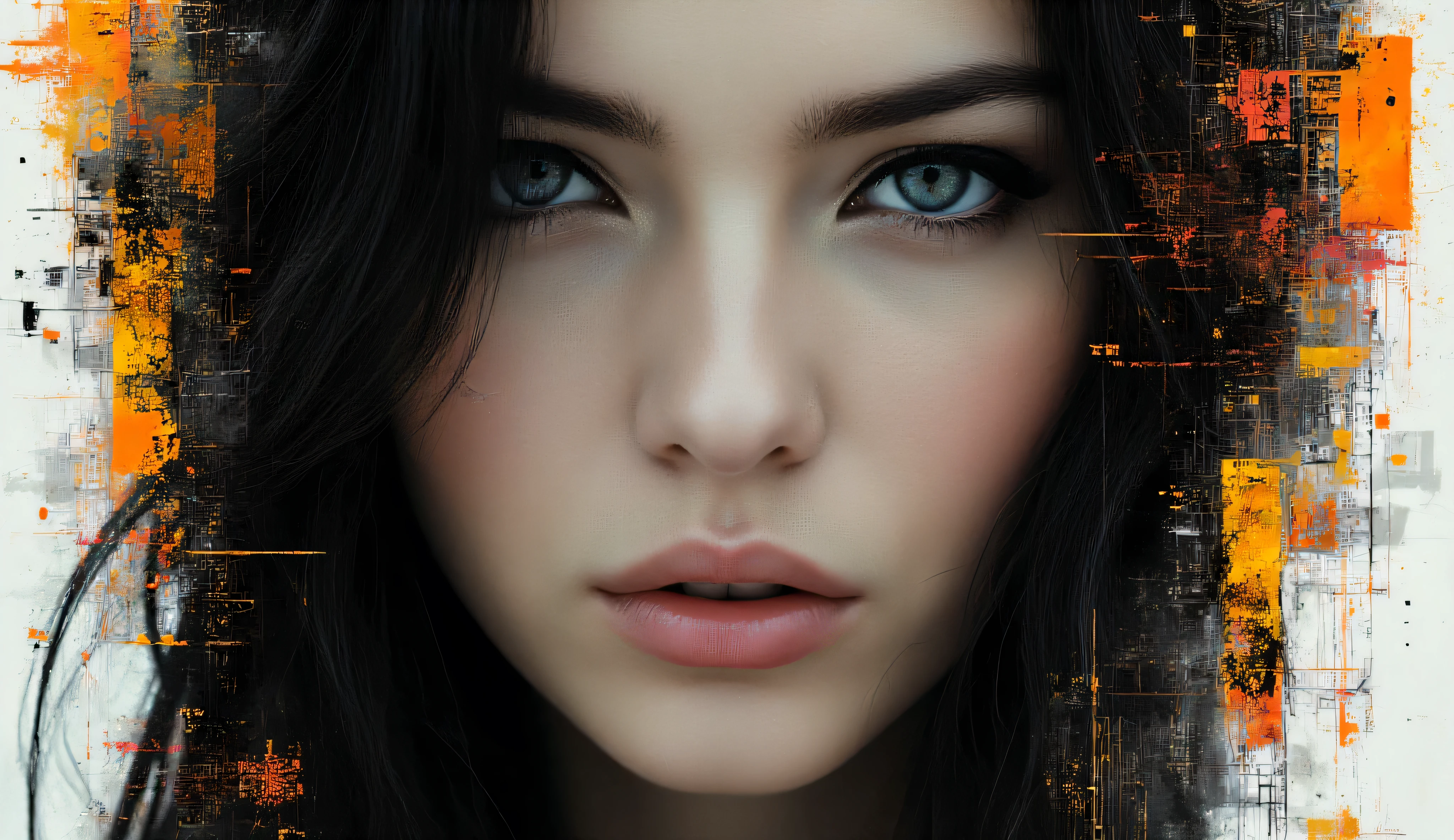 A stunningly beautiful woman with long, flowing black hair and piercing blue eyes, A breathtakingly beautiful cowgirl portrait, ultra-realistic, cinematic close-up. Focus on her flawless face with smooth skin, striking expressive eyes, and elegant makeup with subtle smoky eyes and glossy lips. Color palette: Monochrome base in shades of black, white, and gray, with bold, high-contrast splashes of vibrant orange, burnt yellow, and occasional red highlights. Selective color application enhances visual focus and dramatic contrast.
Style: Portrait influenced by cyberpunk and contemporary abstract art, featuring digital glitch effects, geometric fragmentation, and layered textural overlays. Graphic elements such as technical lines, intersecting rectangles, and architectural grids reinforce a modern, futuristic aesthetic.
Visual mood: Intense, bold, and enigmatic, with strong interplay between light and shadow. The fragmented composition conveys a sense of artistic deconstruction and structured chaos.
Techniques: Partial realism in the face blended with digital collage, urban textures, and a graphic poster-like appearance—merging technical precision with expressive visual tension.