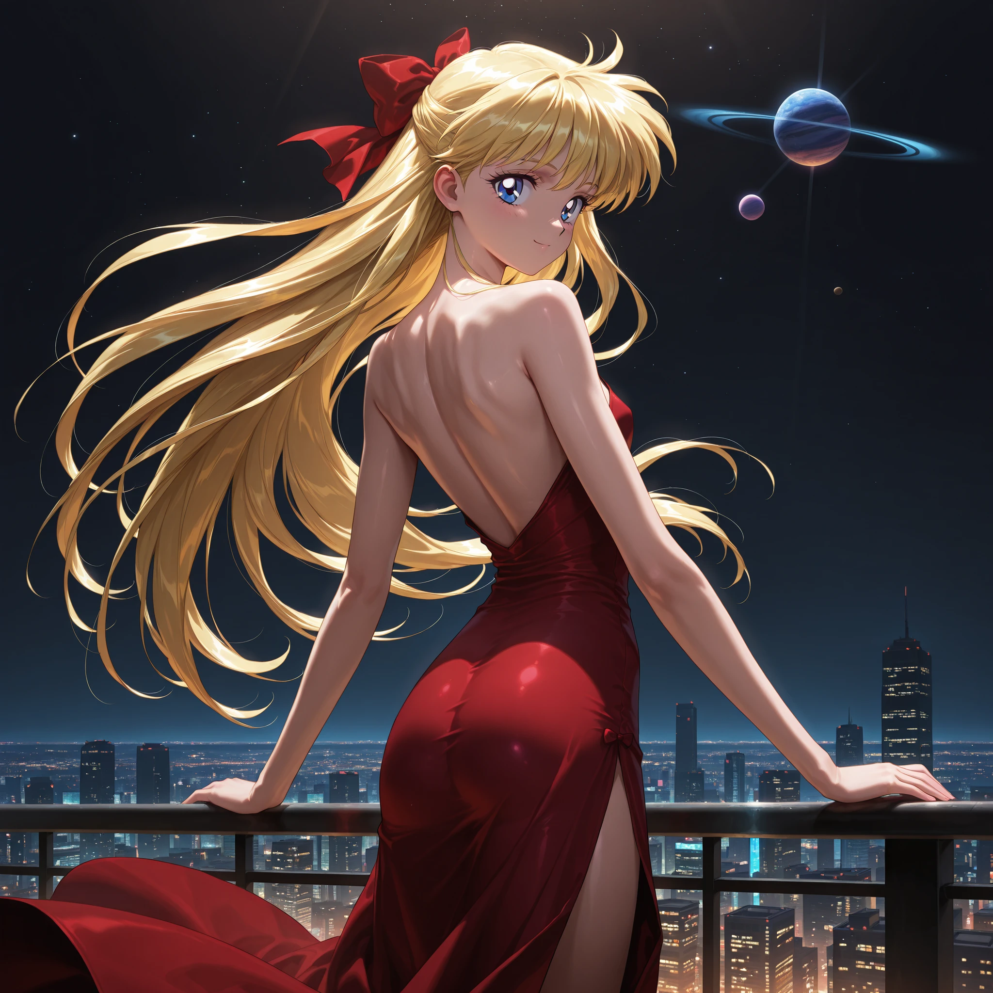 masterpiece, amazing quality, best quality, ultra-detailed, 8K, illustration, ultra-detailed-eyes, soft skin, very awa, very as2, soft body, 1990s \(style\), official art, solo, ainominako, blonde hair, blue eyes, red bow, half updo, long hair, small breasts, dress, side slit dress, sky, jupiter planet, night, building, \(sky\), cityscape, standing, skyscraper, Her back is turned to the viewer. The girl is looking over her shoulder smiling at the viewer, dim lighting, black sky, night, volumetric lighting, dynamic lighting, sharp focus, distortion-free
