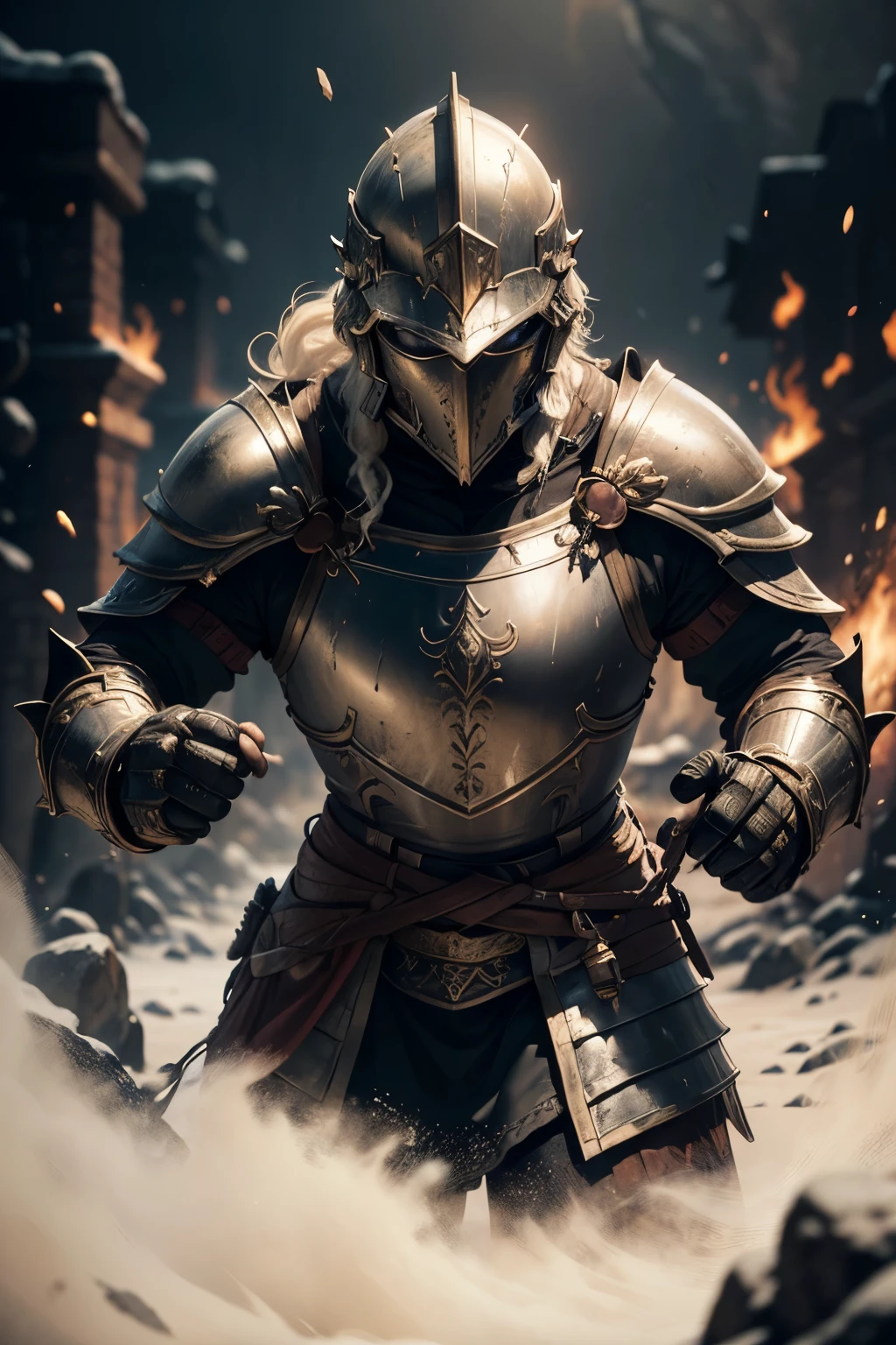 Holding a bow, Bow Stance aiming,lily armor,((Best quality)), ((masterpiece)), ((realistic cartoon)), ((perfect character)): Bowomen, In mountain snowfield, Archer, Fighting pose with a bow, women with a crusader helmet,red cape, epic rpg portrait, fantasy male portrait, rpg portrait concept art, male warrior, fantasy concept art portrait, epic portrait illustration, detailed character portrait, a human warrior, large black armor with details, full armor, character dungeons and dragons, detailed hands The scene is set in a thematically rich environment, in flames battlefield the ambiance. The burned houses, crafted with a cinematic touch, casts a spellbinding glow, emphasizing the web network aura surrounding the white hat hacker. Every element of this masterpiece is carefully designed to create a sense of realism and immersion. The mesmerizing effects of his conjurations, and the level of detail in his weathered face all contribute to a captivating visual experience. This artwork is presented in stunning UHD resolution, allowing you to appreciate every nuance and intricacy in breathtaking detail. View from the side, scenic, masterpiece,mtg art,magic the gathering art.