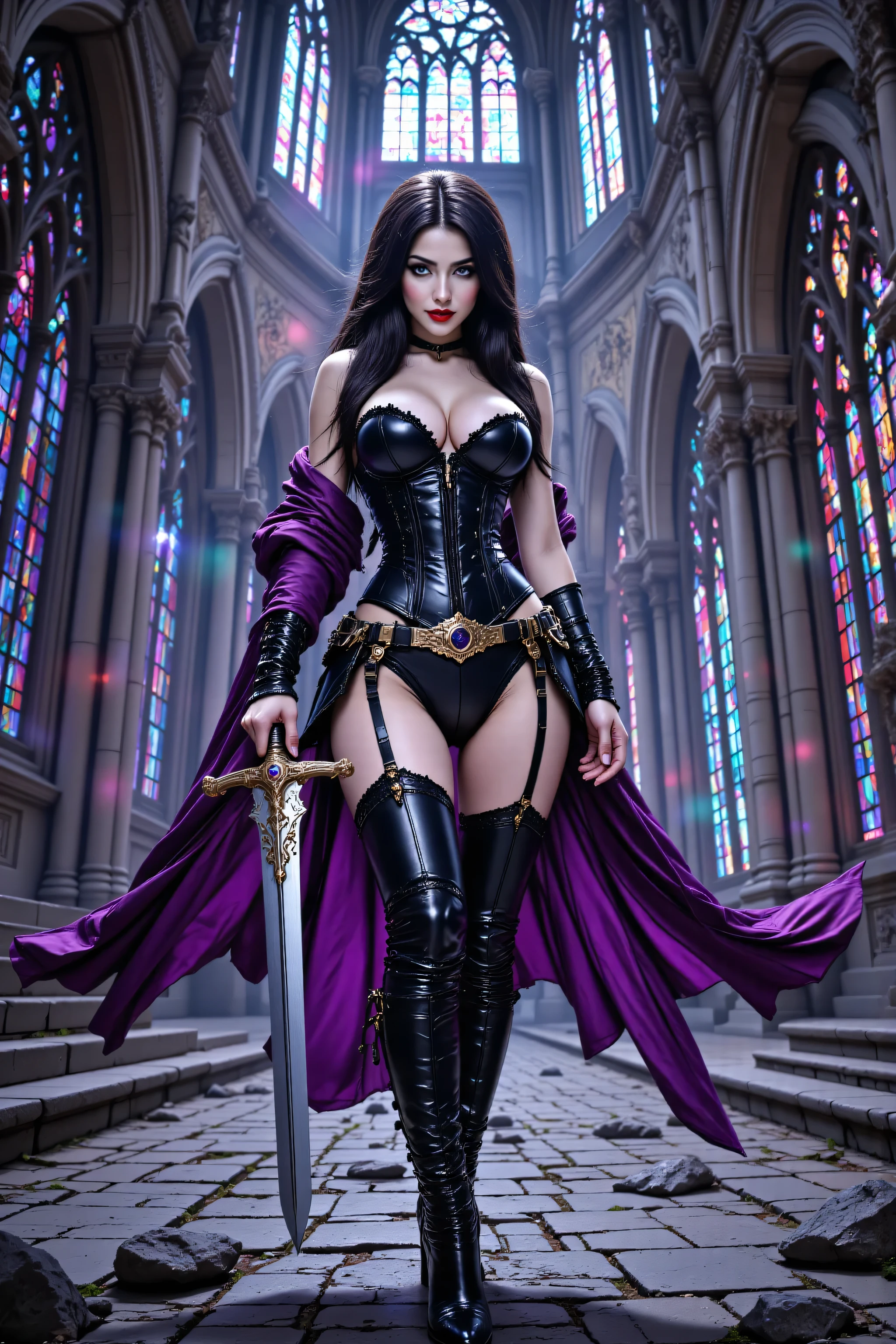 hyp3rd3tail style,OMNH,flux-color,,a picture of a female elf (intense details, Masterpiece, best quality) fantasy swashbuckler, fantasy fencer, armed with a slim sword, shinning sword, metallic shine, multi colored, white and blue clothes, fully clothed, wearing white leather shirt, black pants, high heeled boots,  an ultra wide shot, full body (intense details, Masterpiece, best quality)epic beautiful female elf (intense details, Masterpiece, best quality), rich hair, braided hair, small pointed ears, action shot,  colorful magical sigils in the air, colorful arcane markings floating,   raising a sword (intricate details, Masterpiece, best quality), fantasy urban street (intense details, Masterpiece, best quality),  purple cloak, long cloak (intense details, Masterpiece, best quality), sense of daring, sense of adventure,  high details, best quality, 8k, [ultra detailed], masterpiece, best quality, (extremely detailed), dynamic angle, ultra wide shot, photorealistic, RAW, fantasy art, 