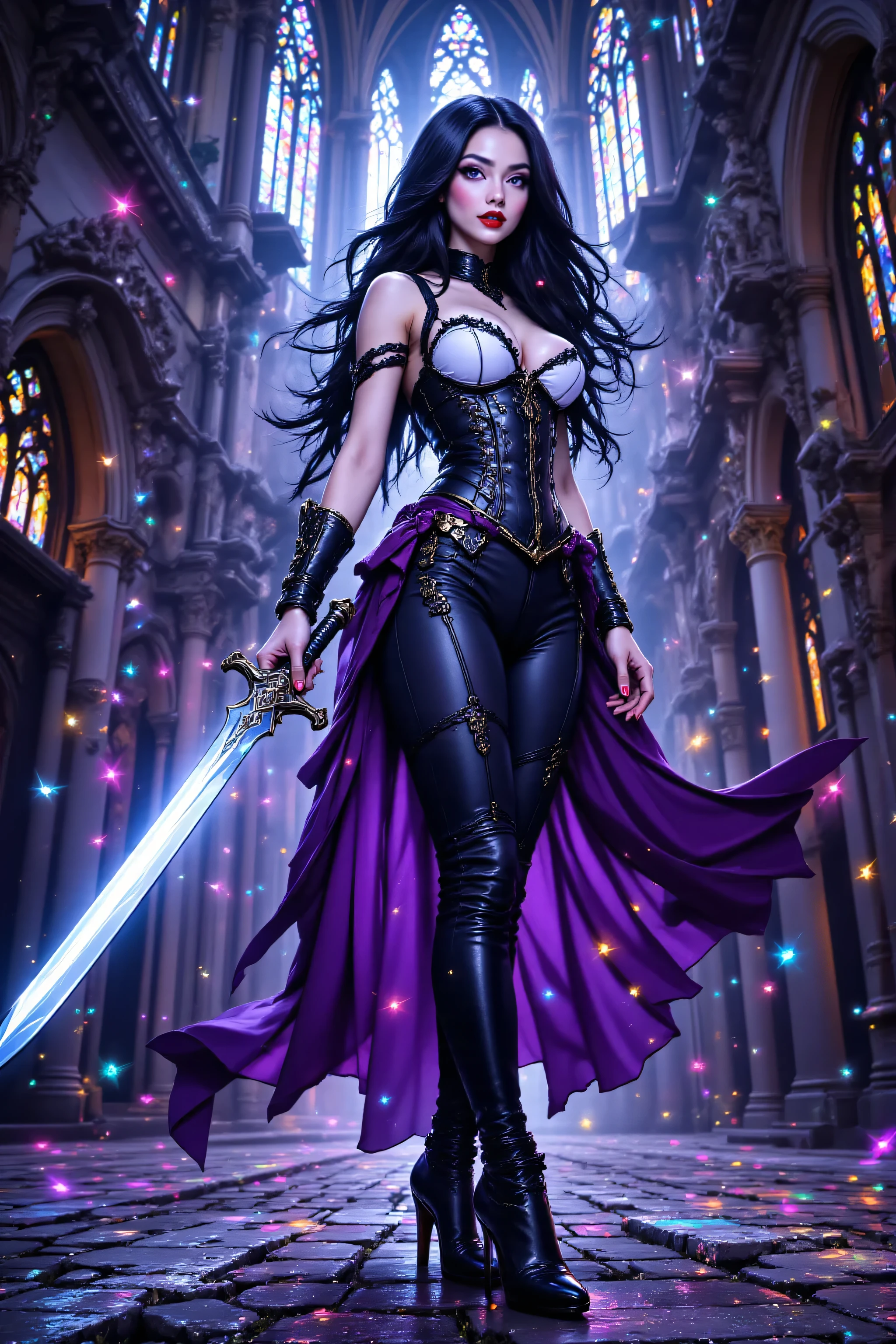 hyp3rd3tail style,OMNH,flux-color,,a picture of a female elf (intense details, Masterpiece, best quality) fantasy swashbuckler, fantasy fencer, armed with a slim sword, shinning sword, metallic shine, multi colored, white and blue clothes, fully clothed, wearing white leather shirt, black pants, high heeled boots,  an ultra wide shot, full body (intense details, Masterpiece, best quality)epic beautiful female elf (intense details, Masterpiece, best quality), rich hair, braided hair, small pointed ears, action shot,  colorful magical sigils in the air, colorful arcane markings floating,   raising a sword (intricate details, Masterpiece, best quality), fantasy urban street (intense details, Masterpiece, best quality),  purple cloak, long cloak (intense details, Masterpiece, best quality), sense of daring, sense of adventure,  high details, best quality, 8k, [ultra detailed], masterpiece, best quality, (extremely detailed), dynamic angle, ultra wide shot, photorealistic, RAW, fantasy art, 