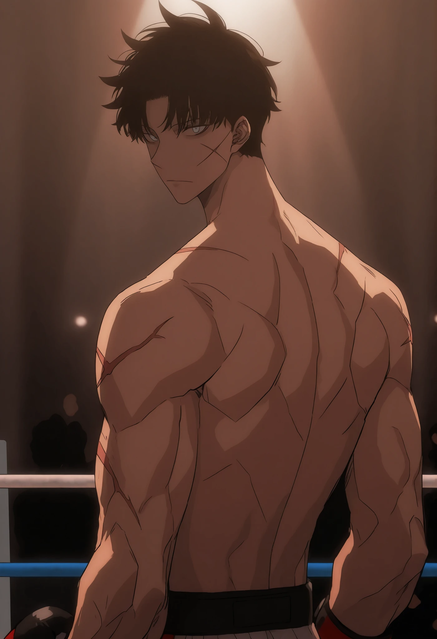 cinematic portrait of score_9, score_8_up, score_7_up,
boxy, looking at viewer, scar, , male, closed mouth, long sleeves, boxing gloves. 85mm lens, f/1.8, dramatic side lighting, moody atmosphere