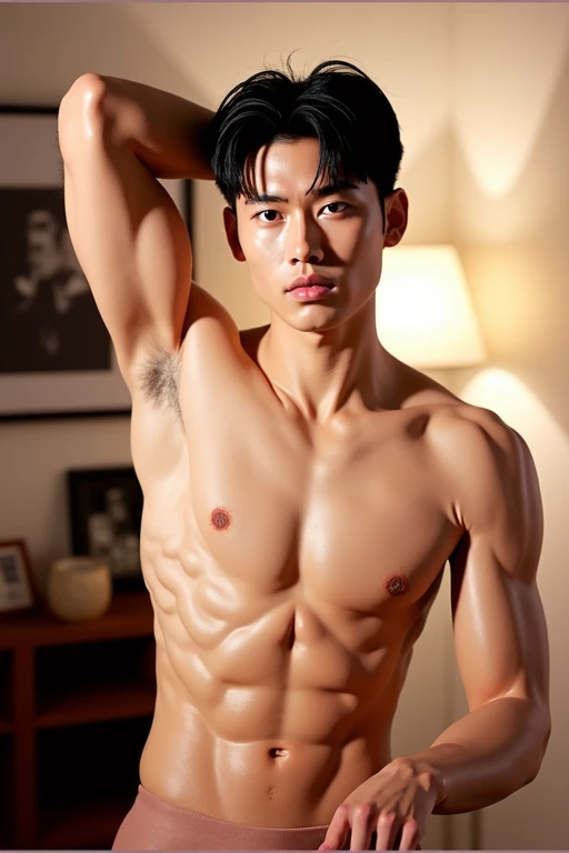 handsome Japanese guy, lean-muscled, Upper body , wearing male , briefs, 4K, hight resolution, smooth skin, finely detailed skin, bulge, slender, no body hair, wearing briefs , Realistic , male, male structure