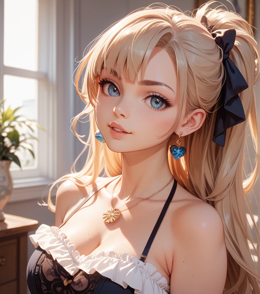 realista, 1 chica, pelo blanco, ojos morados, ojos brillantes, top corto, Falda, Labios partidos, rubor, noche, flores, sol.desnuda