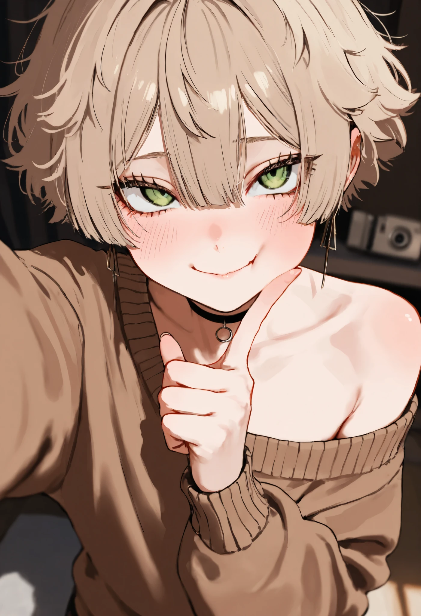 masterpiece,best quality,high quality,good quality,detailed eyes,highres,absurdres, incredibly absurdres,1male,shota,femboy, twink,short fluffy wavy hair,light brown hair,long eyelashes,wide and round green eyes,puffed cheek smile,acting cute,cute expression,poking right puffed cheek with index finger,off-shoulder oversized brown sweater,choker,flushed glistening skin,blush shoulder,blush fingertips,blush cheeks,selfie angle,left hand outstretched for selfie,phone camera pov, dynamic angle, absurd shading, cinematic lighting