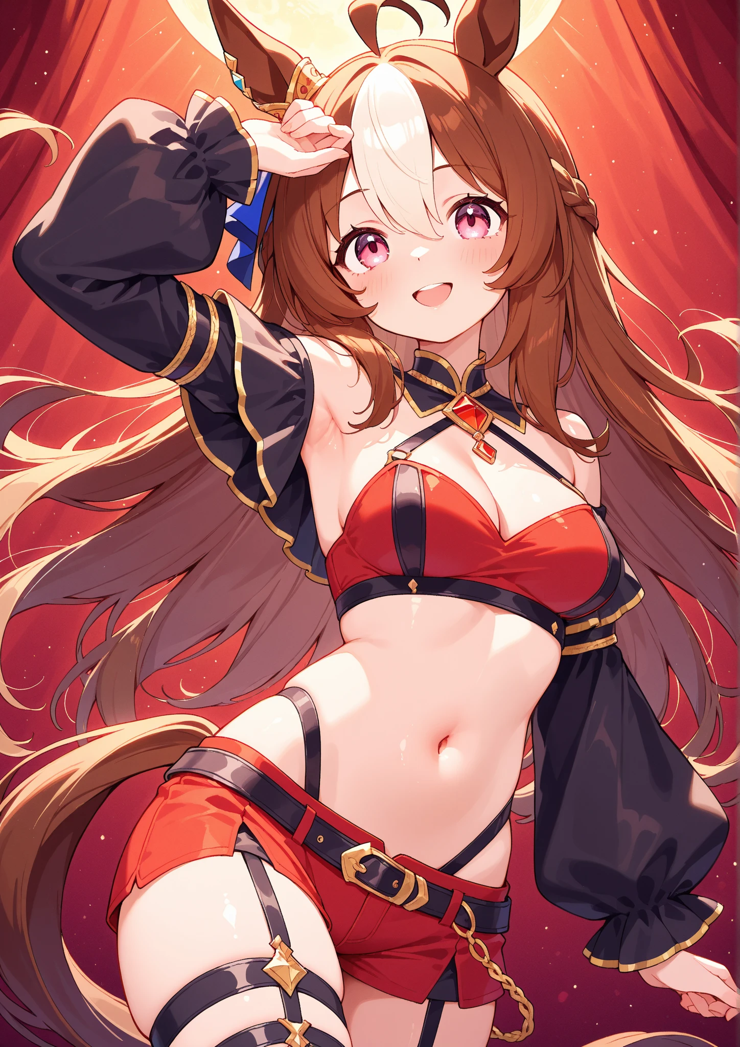 (???? dance show:1.2),(show off micro panties,skirt lift herself:1.5),maruzensky \(umamusume\),good ???????, masterpiece, best quality,realistic, hyperrealistic, 16k hdr,(red blush,smile:1.2),(Live Stage:1.3),(see through gorgeous costume:1.2),Stage costumes,Horse tail,ultra miniskirt,micro panties,clearvage,erected ???????,sweat,?????????????,upper body,strong wind,????????,