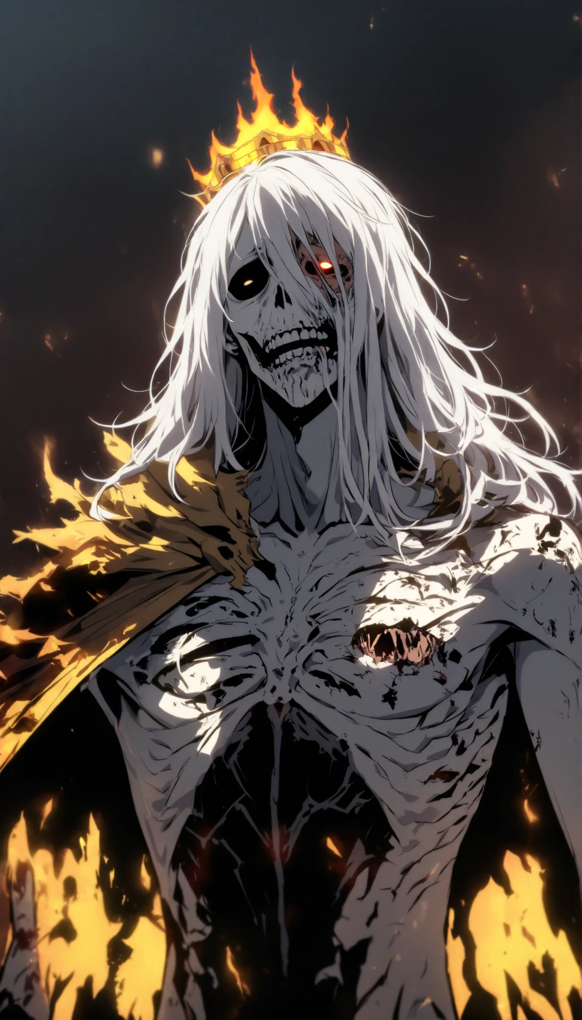 Undead, very old, Hungry, hollow cheek, ribcage, extremly skinny, alone, male, long hair, white hair, white beard, white skin, bare chested , Nose torn off , hollow eyes, Sick body, royal cape, yellow black flame, upperbody, broken crown, upperbody, hollow