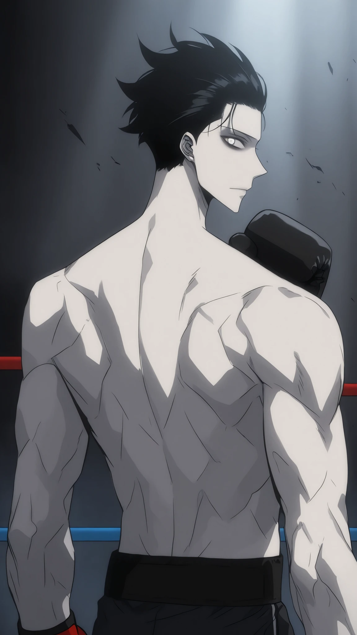 cinematic portrait of score_9, score_8_up, score_7_up,
boxy, looking at viewer, , male, closed mouth, boxing gloves. 85mm lens, f/1.8, dramatic side lighting, moody atmosphere, slicked back hair, spicky black hair, white eyes , Athletic body, slender body, ripped, dark circles , pale skin, scary, solo leveling style, 2d, solo leveling artstyle ,