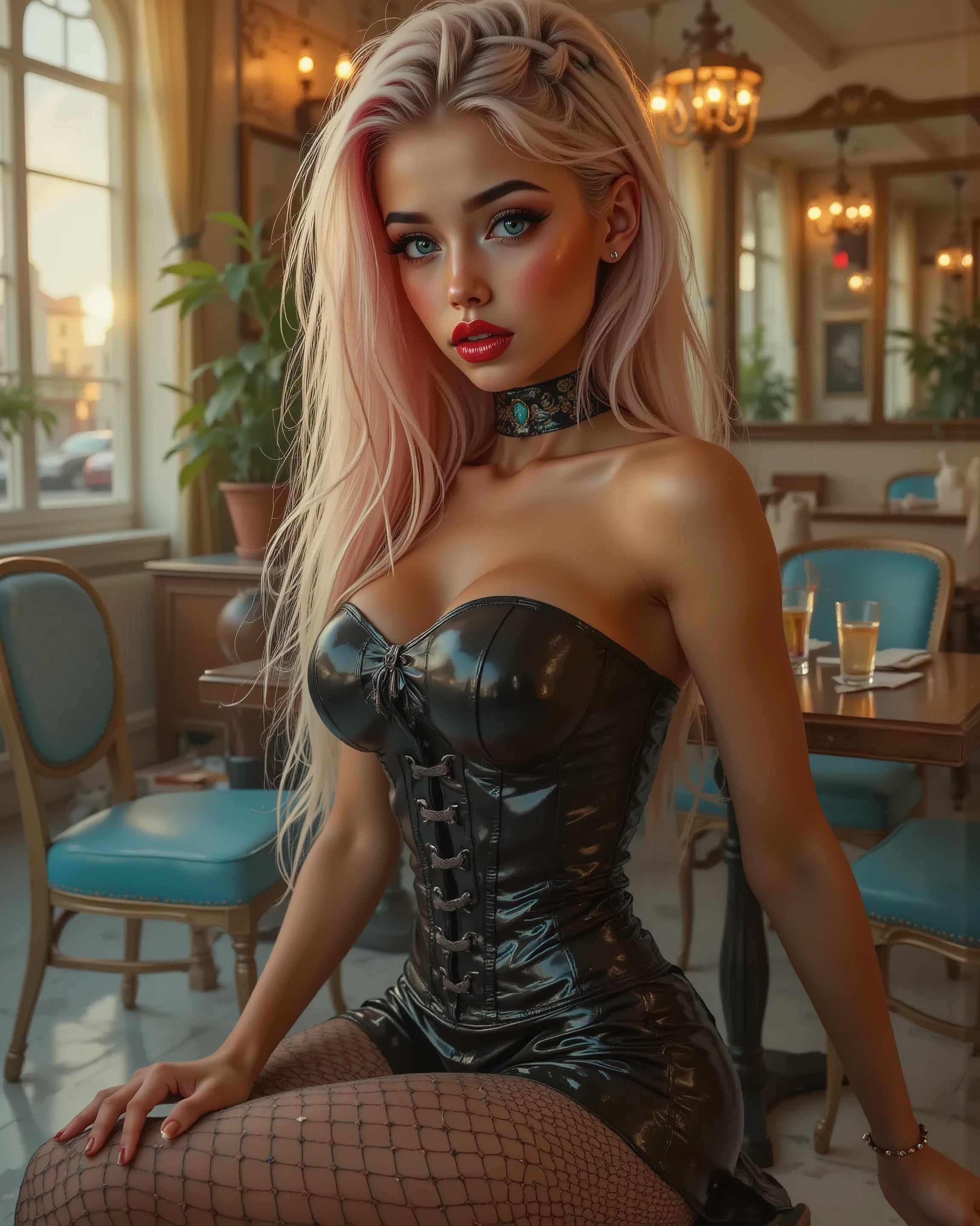 Magical makeup,Ultra-realistic (photorealistic Realism) , (Key Directive: - The priority is the anatomical accuracy and texture of the materials - Ultra-sharp human eyes with biological accuracy) {Character: age19 with an toned extremly skinny athletic build | Face: A very beautiful and cute Woman, perfect face, perfect symmetrically eyes, red lipstick. her mouth is open in an expression of (orgasmic ecstasy) | "Eyes: (acid-resistant terminology) (macro-details:1 . 5): * Moist corneal surface (visible aqueous layer:1 . 2) * Ultra-detailed iris stroma brown (with gold flecks) * Precise limbal ring (slightly darker pigmentation:1 . 22)" - Lashes: blue individual synthetic fibers (crosshatched roots:1 . 2 , clump-free separation) (Post-Processing: - Frequency separation for skin vs eye details) (Avoid: pupil distortion , uncanny valley asymmetry , plastic-like wetness) | Skin: pale skinney and ultra tanned skin, Wet skin, (extremly skinny slim anorexic body) | Hair: ((insanly long flowing bright pink with blond high-lights shiny hair)) | Pose: she relaxes in luxurious 50s style café. Environment: (luxury 1950s-style cafe, sitting on a stool, near the window, interior in pastel warm colors, marble floor, sitting position on a chair (erotic scene)), Outfit: A dress a beautiful girl with a perfect figure in something nice, made of available materials [wearing (Gothic corset style (extra smooth, shiny black latex (tightly laced at the waist, body-hugging)), intricately detailed:1.32)], [red mini skirt ((pleated latex, tiny mini skirt:1 . 35), no_panties , (curvy)), wraps around the hips] [(mesh stockings on the legs with garters:1.3)], [((all here Latex Looks glossy and wet))], ((Pink/Purple Heart shaped handbag with gold chain shoulder strap)) | Lighting: - beautiful golden sunset light is touch here skin and body, Beautiful cinematic light (Rendering engine: Unreal Engine 5 path tracing, 16K texture maps).
