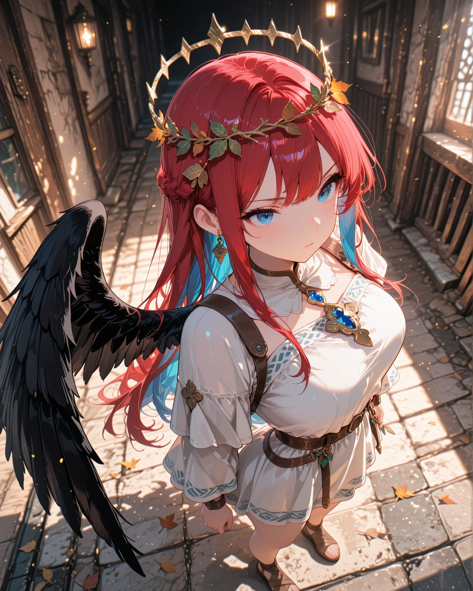 front angle, (masterpiece, 4K, ultra-detailed, vivid and vibrant colors), {jazzy}:(a beautiful and attractive woman with long red hair and blue streaks, blue eyes, wearing a short white tunic with a crown of leaves on her head, brown sandals, a just one only black angel wing on her back, a determined look and expression), a magical background, like a well-lit retro video game with shadows.