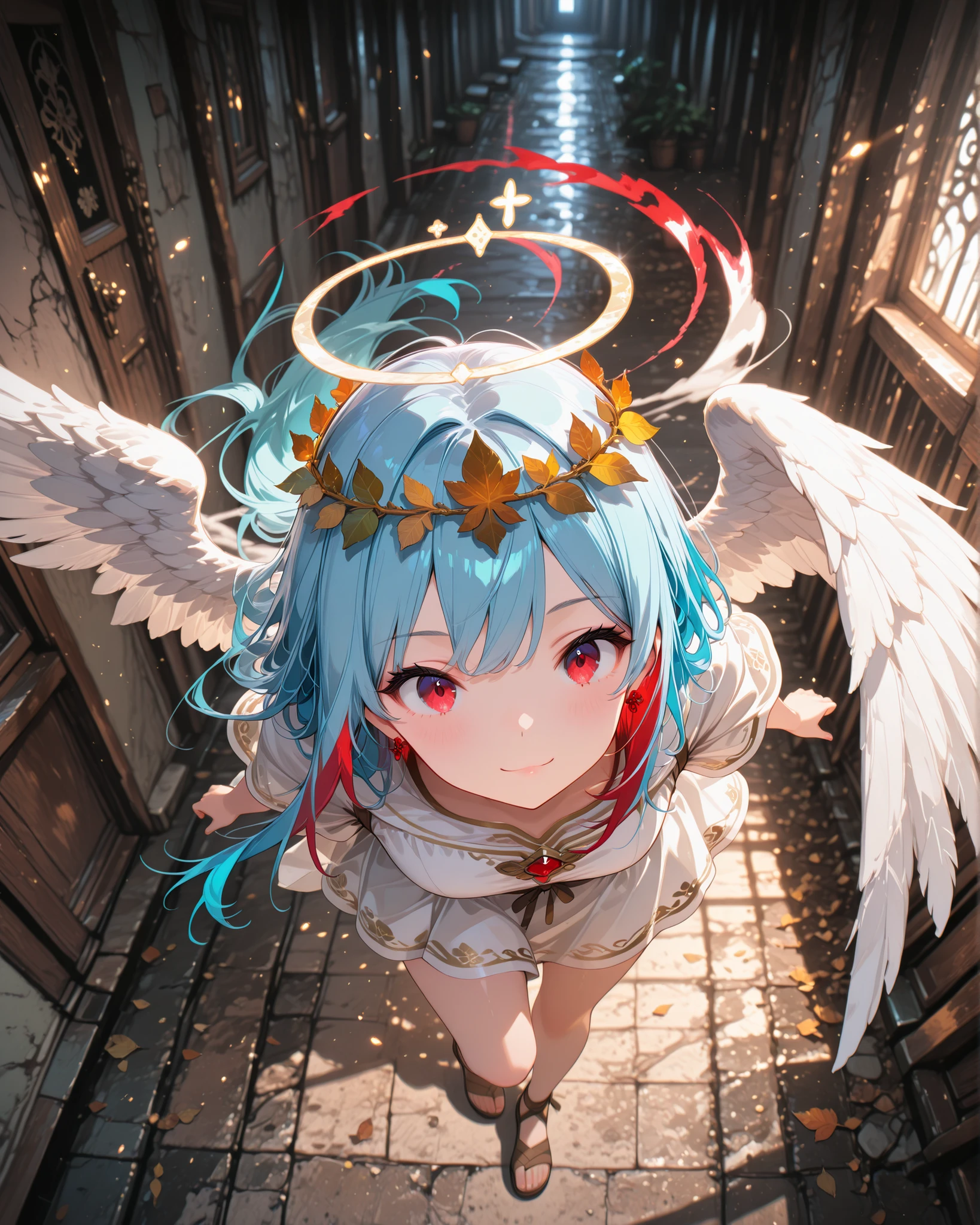High angle, (masterpiece, 4K, ultra-detailed, vivid and vibrant colors), {Jasmine}: (a beautiful and attractive woman with long blue hair and red streaks, red eyes, wearing a short white tunic and a crown of leaves on her head, brown sandals, a just one only white angel wing on her back, dynamic pose, cute expression), a magical background, like a well-lit retro video game with shadows.