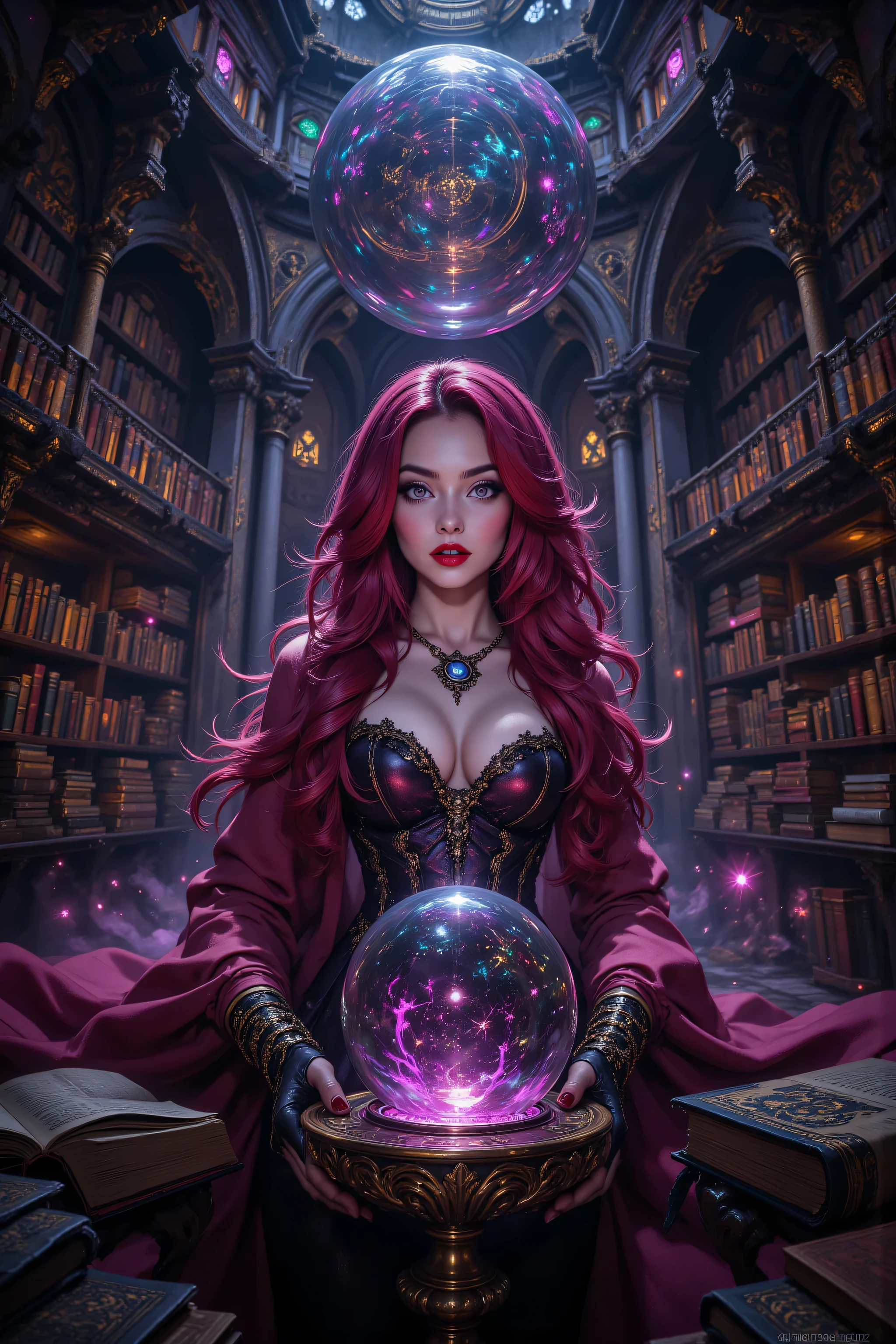 hyp3rd3tail style,OMNH,flux-color,aidmamjv7,a picture of a human mecha woman sorceress sittings in her magical lab, divining distant places in her crystal ball, epic beautiful human woman, ultra detailed face , red hair, short hair, red eyes, dynamic dress, magical library, with many books, and magical runes and wards, glowing arcane sigils , crystal ball, on table, runes on crystal balls, fantasy magical library background, high details, best quality, 16k, best detailed, masterpiece, best quality, (extremely detailed), photorealistic, fantasy art, RPG art,  , , Ultra-Wide Angle, high detail, award winning, best quality, HD, 16K, 3D rendering, high details, best quality, highres, ultra wide angle, 3D rendering, [[anatomically correct]]