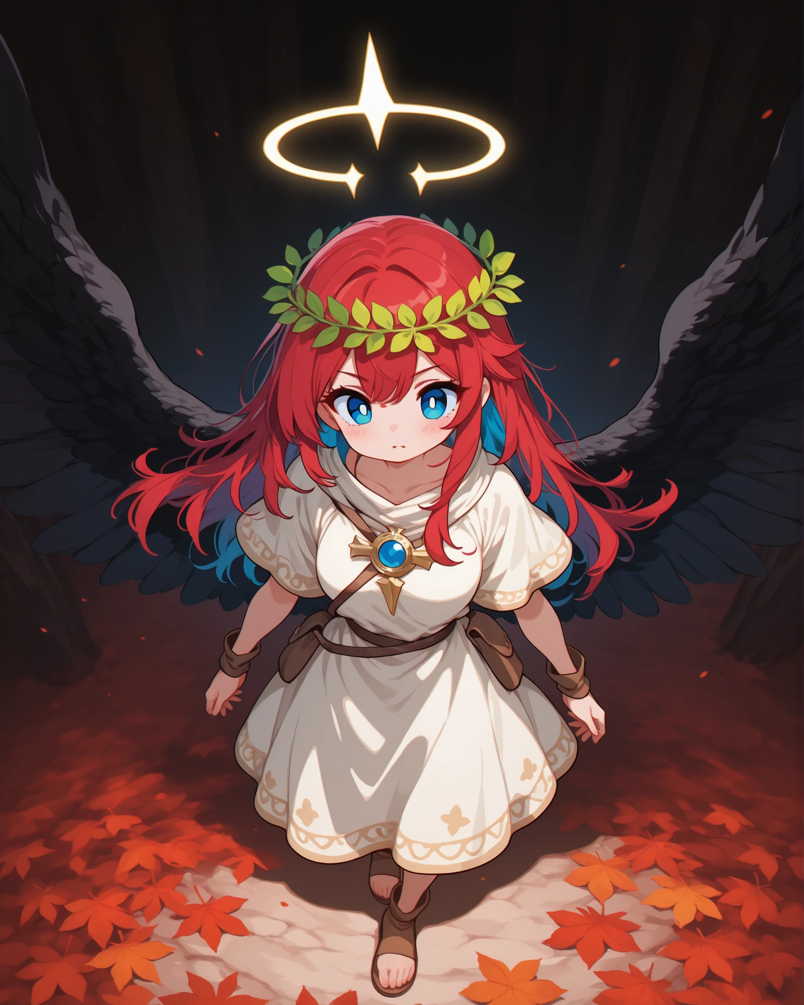 High angle, (masterpiece, 4K, ultra-detailed, vivid and vibrant colors), {jazzy}:(a beautiful and attractive woman with long red hair and blue streaks, blue eyes, wearing a short white tunic with a crown of leaves on her head, brown sandals, a single black angel wing on her back, a determined look and expression), a magical background, like a well-lit retro video game with shadows.