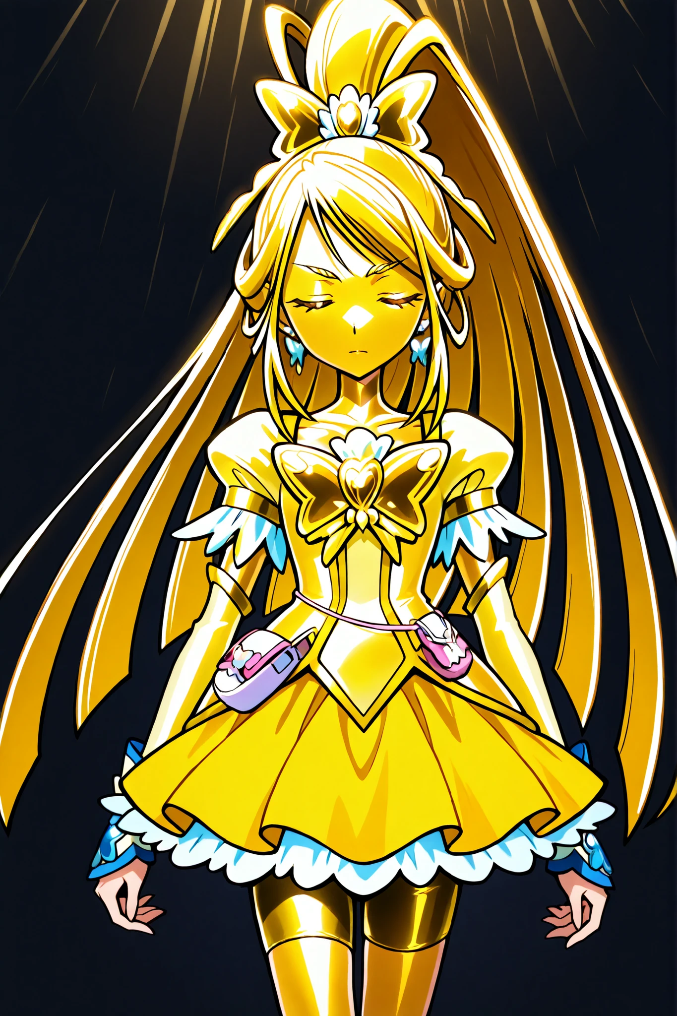 Cure Aqua, masterpiece, top quality, Newest, very high resolution with glasses in one hand, closed eyes, gold髪,  jaundice, closed mouth, no students, Yellow skin, glossy skin,  gold属の肌,  black eyebrow , Drooping eyebrows, 1girl, solo, Cowboy Shots, is standing, dynamic, viewers, sleeping, serious expression, black background,  standing, arms at side, wide, wide ponytail, gold_Butterfly Brooch , gold_shorts, gold_butterfly hair ornaments, long hair, gold_shorts, ponytail, Magical Girl, gold_skirt, bike shorts, gold_shorts under skirt, hair ornaments, gold_gem, high ponytail, metallic costume