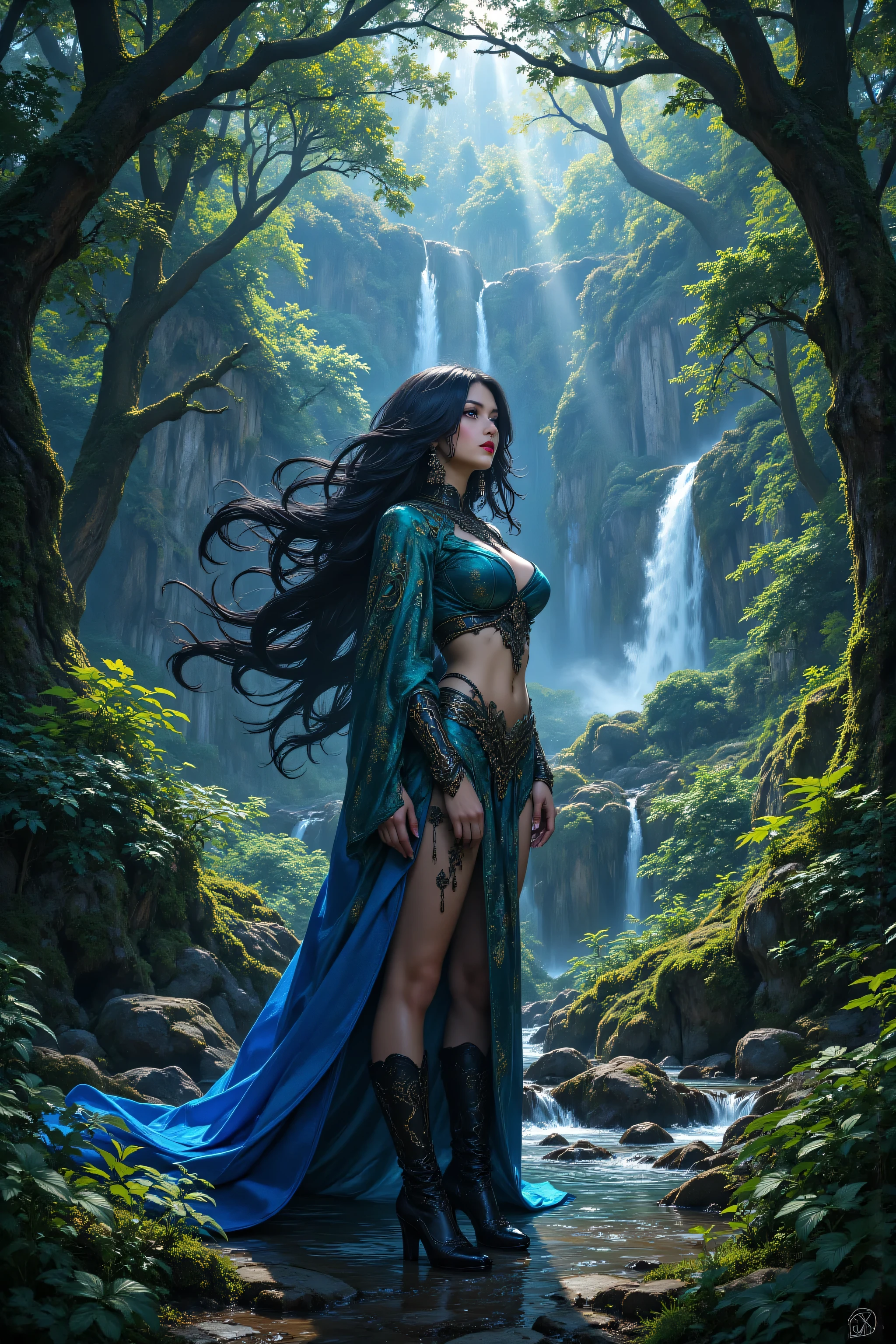 hyp3rd3tail style,OMNH,flux-color,aidmamjv7, picture of druid grove in a fantasy forest and its druid warden observing all, a fantasy forest (intricate details, Masterpiece, best quality), many trees, a stream of water (intricate details, Masterpiece, best quality), waterfall (intricate details, Masterpiece, best quality), human female druid, full body (intricate details, Masterpiece, best quality), exquisite beautiful woman druid (intricate details, Masterpiece, best quality), ultra detailed face (intricate details, Masterpiece, best quality), black hair, long hair, wavy hair (intricate details, Masterpiece, best quality), dynamic eyes color, fair skin, wearing blue cloak (intricate details, Masterpiece, best quality:), green robe (intricate details, Masterpiece, best quality), wearing high heels boots, cinematic light, pastoral atmosphere, divine light, gods rays,