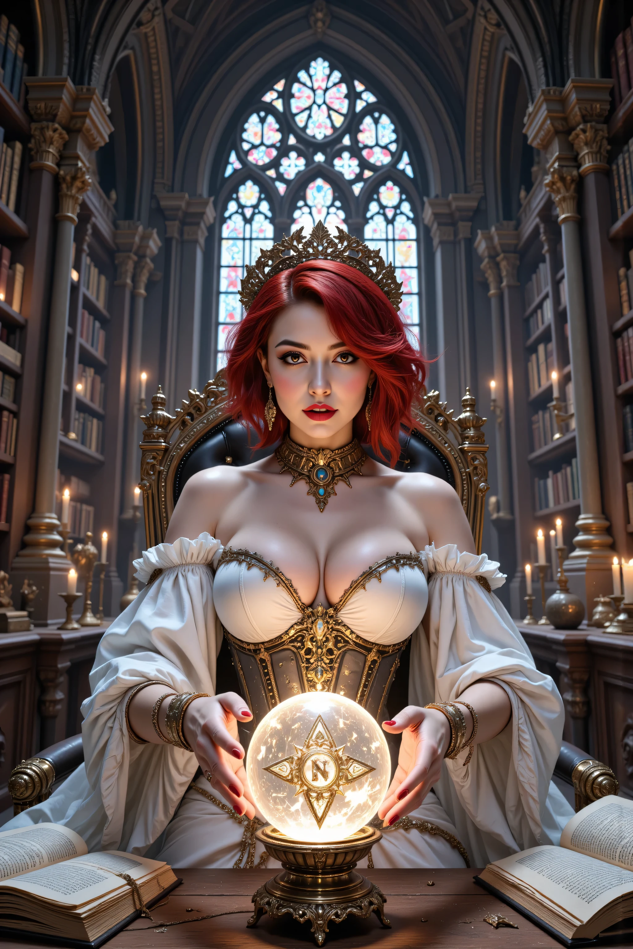 hyp3rd3tail style,OMNH,flux-color,aidmamjv7,a picture of a human mecha woman sorceress sittings in her magical lab, divining distant places in her crystal ball, epic beautiful human woman, ultra detailed face , red hair, short hair, red eyes, dynamic dress, white dress, magical library, with many books, and magical runes and wards, glowing arcane sigils , crystal ball, on table, runes on crystal balls, fantasy magical library background, high details, best quality, 16k, best detailed, masterpiece, best quality, (extremely detailed), photorealistic, fantasy art, RPG art,  , , Ultra-Wide Angle, high detail, award winning, best quality, HD, 16K, 3D rendering, high details, best quality, highres, ultra wide angle, 3D rendering, [[anatomically correct]]