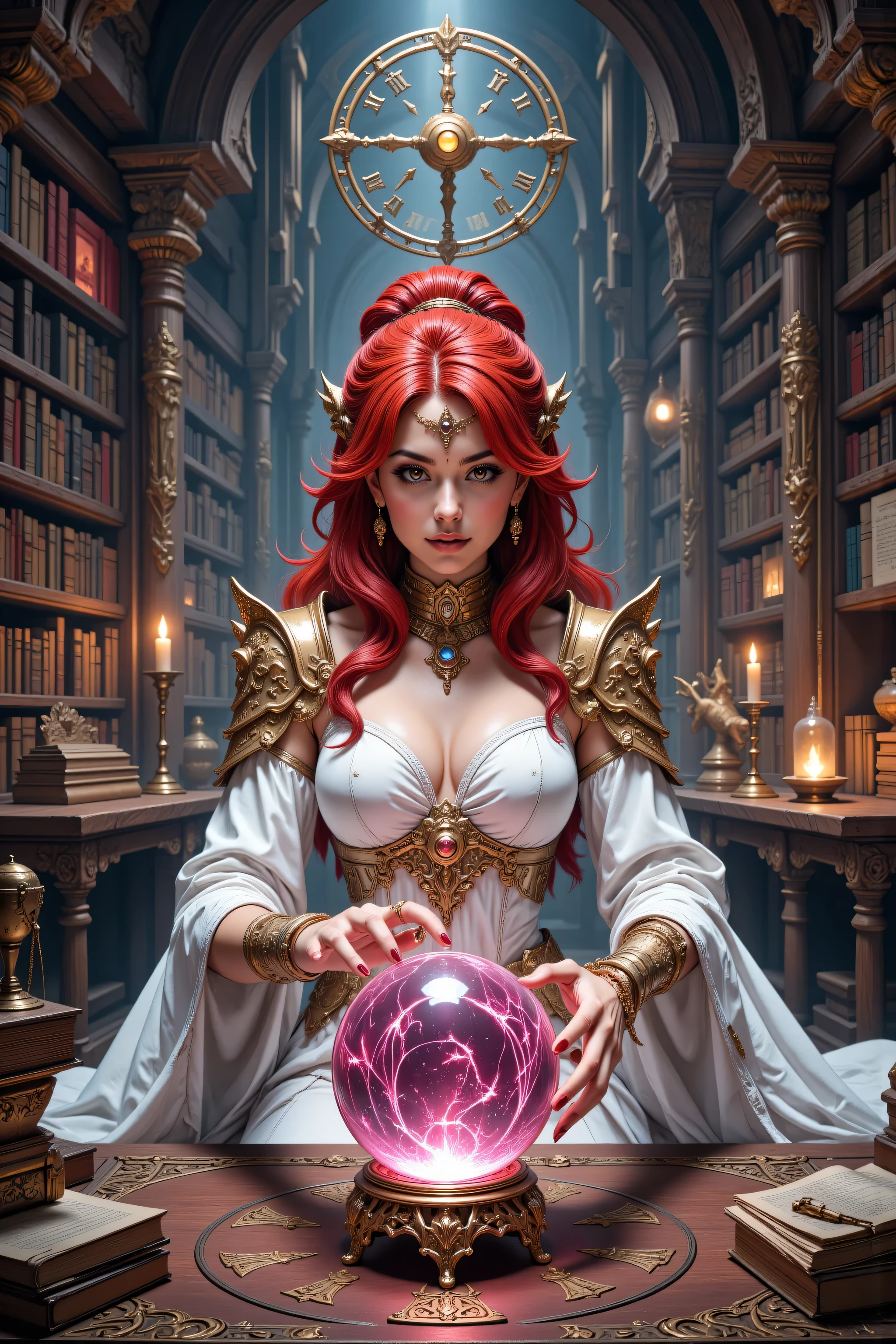 hyp3rd3tail style,flux-color,aidmamjv7,zavy-ctcmcs,,a picture of a human mecha woman sorceress sittings in her magical lab, divining distant places in her crystal ball, epic beautiful human woman, ultra detailed face , red hair, short hair, red eyes, dynamic dress, white dress, magical library, with many books, and magical runes and wards, glowing arcane sigils , crystal ball, on table, runes on crystal balls, fantasy magical library background, high details, best quality, 16k, best detailed, masterpiece, best quality, (extremely detailed), photorealistic, fantasy art, RPG art,  , , Ultra-Wide Angle, high detail, award winning, best quality, HD, 16K, 3D rendering, high details, best quality, highres, ultra wide angle, 3D rendering, [[anatomically correct]]