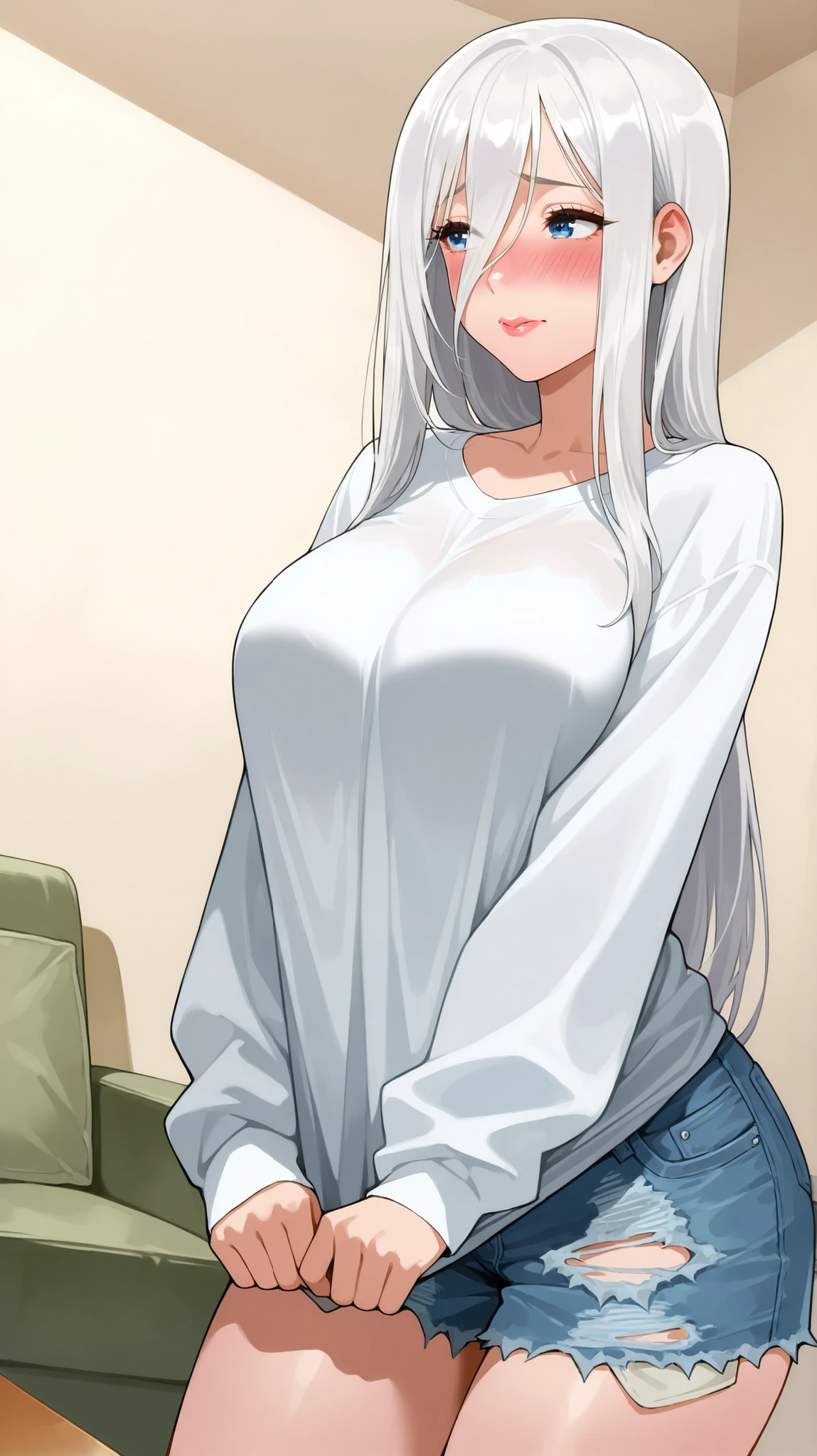 ((Studio: CloverWorks)) masterpiece , best quality , highly detailed , ultra high res , Score_9, Score_8_up, Score_7_up, perfect anatomy, detailed fingers, detailed big blue eyes, cowboy shot, dutch angle, focus on face, masterpiece, detailed anime, Sharp Focus, lady, JK, detailed face, detailed blue eyes, long straight hair, white hair, voluminous hair, mature woman, long highlights, long bangs, joy in your eyes, knee, big breasts, solo (baggy shirt, ripped denim shorts, lips slightly parted, blushing, mouth open, embarrassed, hot very women, In the living room style)