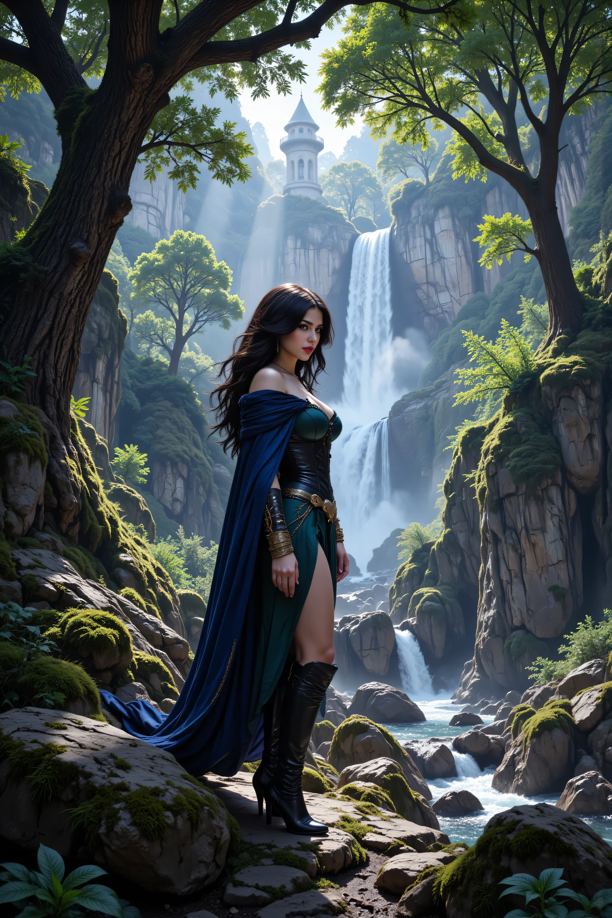 hyp3rd3tail style,OMNH,flux-color,aidmamjv7, picture of druid grove in a fantasy forest and its druid warden observing all, a fantasy forest (intricate details, Masterpiece, best quality), many trees, a stream of water (intricate details, Masterpiece, best quality), waterfall (intricate details, Masterpiece, best quality), human female druid, full body (intricate details, Masterpiece, best quality), exquisite beautiful woman druid (intricate details, Masterpiece, best quality), ultra detailed face (intricate details, Masterpiece, best quality), black hair, long hair, wavy hair (intricate details, Masterpiece, best quality), dynamic eyes color, fair skin, wearing blue cloak (intricate details, Masterpiece, best quality:), green robe (intricate details, Masterpiece, best quality), wearing high heels boots, cinematic light, pastoral atmosphere, divine light, gods rays,