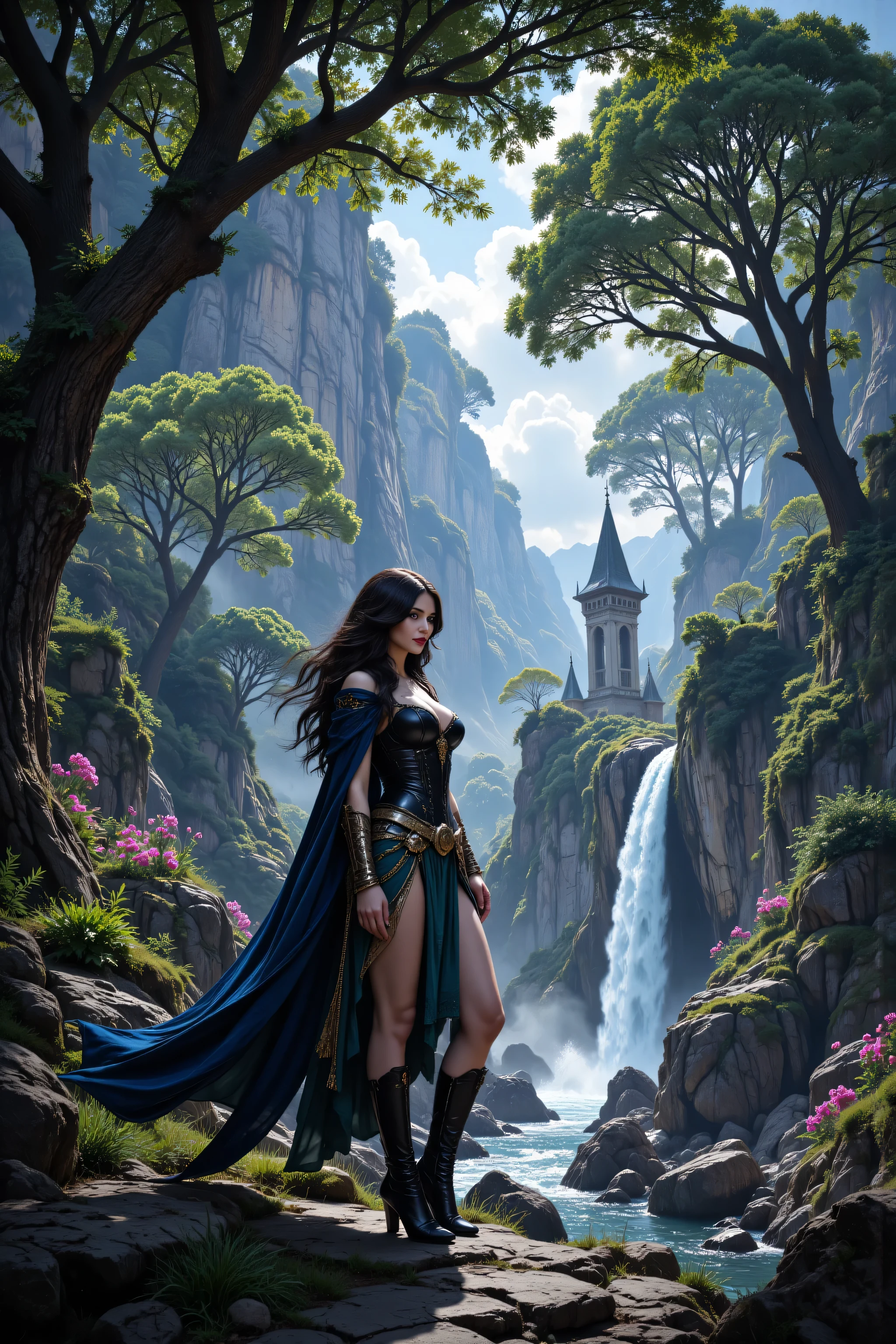 hyp3rd3tail style,OMNH,flux-color,aidmamjv7, picture of druid grove in a fantasy forest and its druid warden observing all, a fantasy forest (intricate details, Masterpiece, best quality), many trees, a stream of water (intricate details, Masterpiece, best quality), waterfall (intricate details, Masterpiece, best quality), human female druid, full body (intricate details, Masterpiece, best quality), exquisite beautiful woman druid (intricate details, Masterpiece, best quality), ultra detailed face (intricate details, Masterpiece, best quality), black hair, long hair, wavy hair (intricate details, Masterpiece, best quality), dynamic eyes color, fair skin, wearing blue cloak (intricate details, Masterpiece, best quality:), green robe (intricate details, Masterpiece, best quality), wearing high heels boots, cinematic light, pastoral atmosphere, divine light, gods rays,