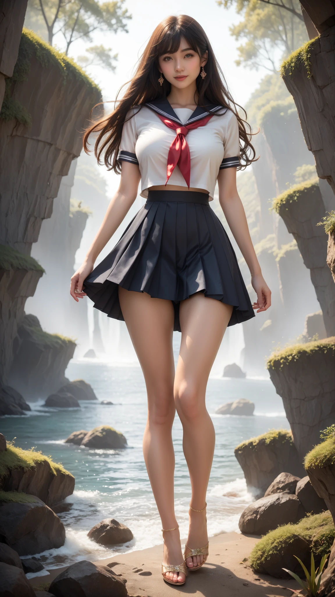 A beautiful woman, hair, big legs, brown eyes, adult, sailor uniform, beautiful big breasts, Cinematic , incredible high resolution quality, masterpiece, superior quality, very detailed, High quality anime image) siren, scaly skin attitude, parts of its body have fish scales and it shines with a strange sheen, bright light, elegant, Magical ocean world, detailed illustration, vibrante, soft lighting