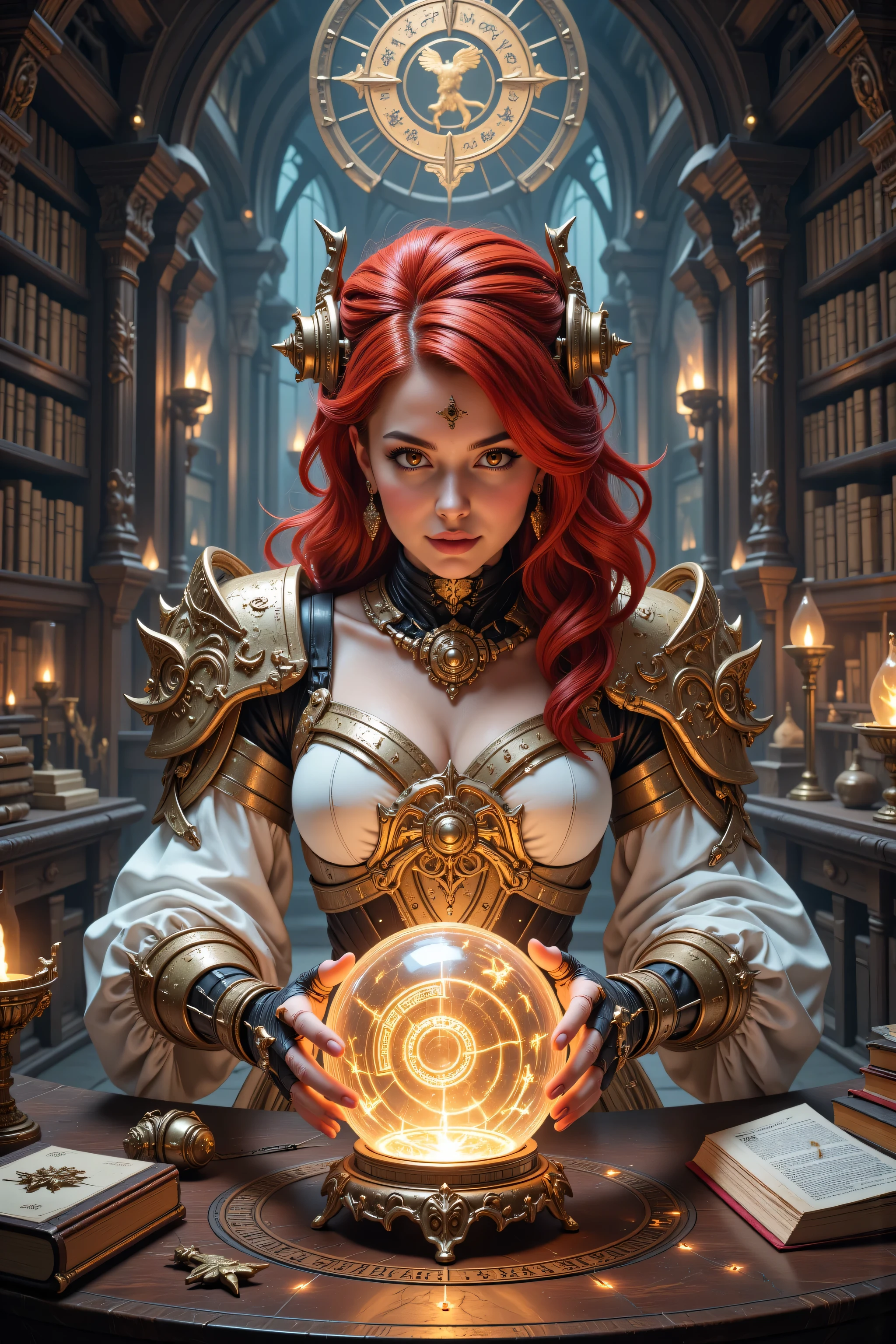 Mech,,flux-color,aidmamjv7,zavy-ctcmcs,,a picture of a human mecha woman sorceress sittings in her magical lab, divining distant places in her crystal ball, epic beautiful human woman, ultra detailed face , red hair, short hair, red eyes, dynamic dress, white dress, magical library, with many books, and magical runes and wards, glowing arcane sigils , crystal ball, on table, runes on crystal balls, fantasy magical library background, high details, best quality, 16k, best detailed, masterpiece, best quality, (extremely detailed), photorealistic, fantasy art, RPG art,  , , Ultra-Wide Angle, high detail, award winning, best quality, HD, 16K, 3D rendering, high details, best quality, highres, ultra wide angle, 3D rendering, [[anatomically correct]]
