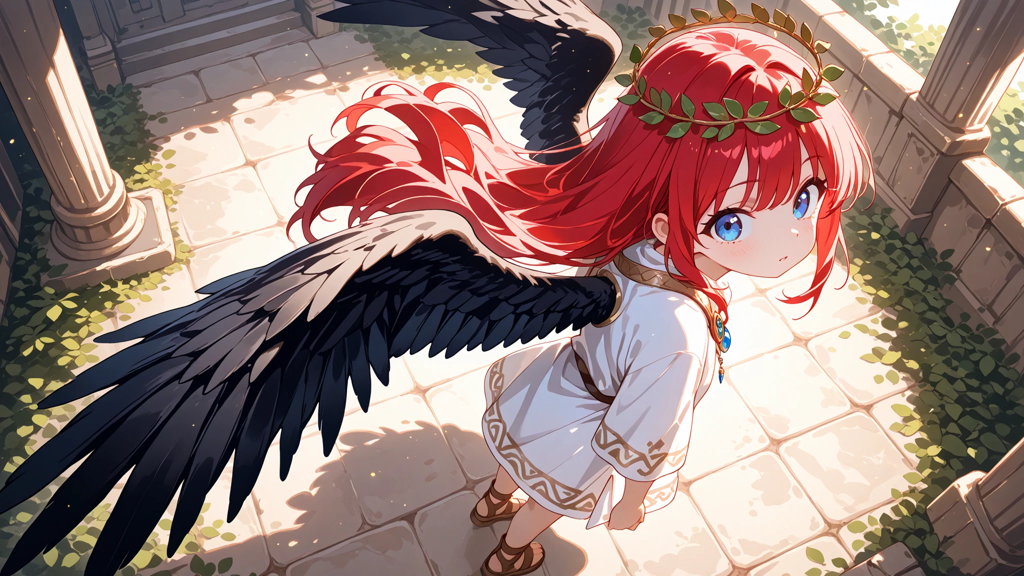 High angle, (masterpiece, 4K, ultra-detailed, vivid and vibrant colors), {jazzy}:(a beautiful and attractive woman with long red hair and blue streaks, blue eyes, wearing a short white tunic with a crown of leaves on her head, brown sandals, a just one only black angel wing on her back, a determined look and expression), a magical background, like a well-lit retro video game with shadows.
