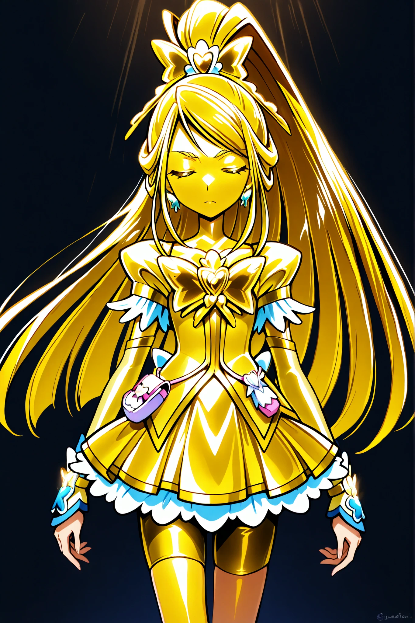 Cure Aqua, masterpiece, top quality, Newest, very high resolution with glasses in one hand, closed eyes, gold髪, jaundice, closed mouth, no students, Yellow skin, glossy skin, gold属の肌, black eyebrow , Drooping eyebrows, 1girl, solo, Cowboy Shots, is standing, dynamic, viewers, sleeping, serious expression, black background, standing, arms at side, wide, wide ponytail, gold_Butterfly Brooch , gold_shorts, gold_butterfly hair ornaments, long hair, gold_shorts, ponytail, Magical Girl, gold_skirt, bike shorts, gold_shorts under skirt, hair ornaments, gold_gem, high ponytail, metallic costume