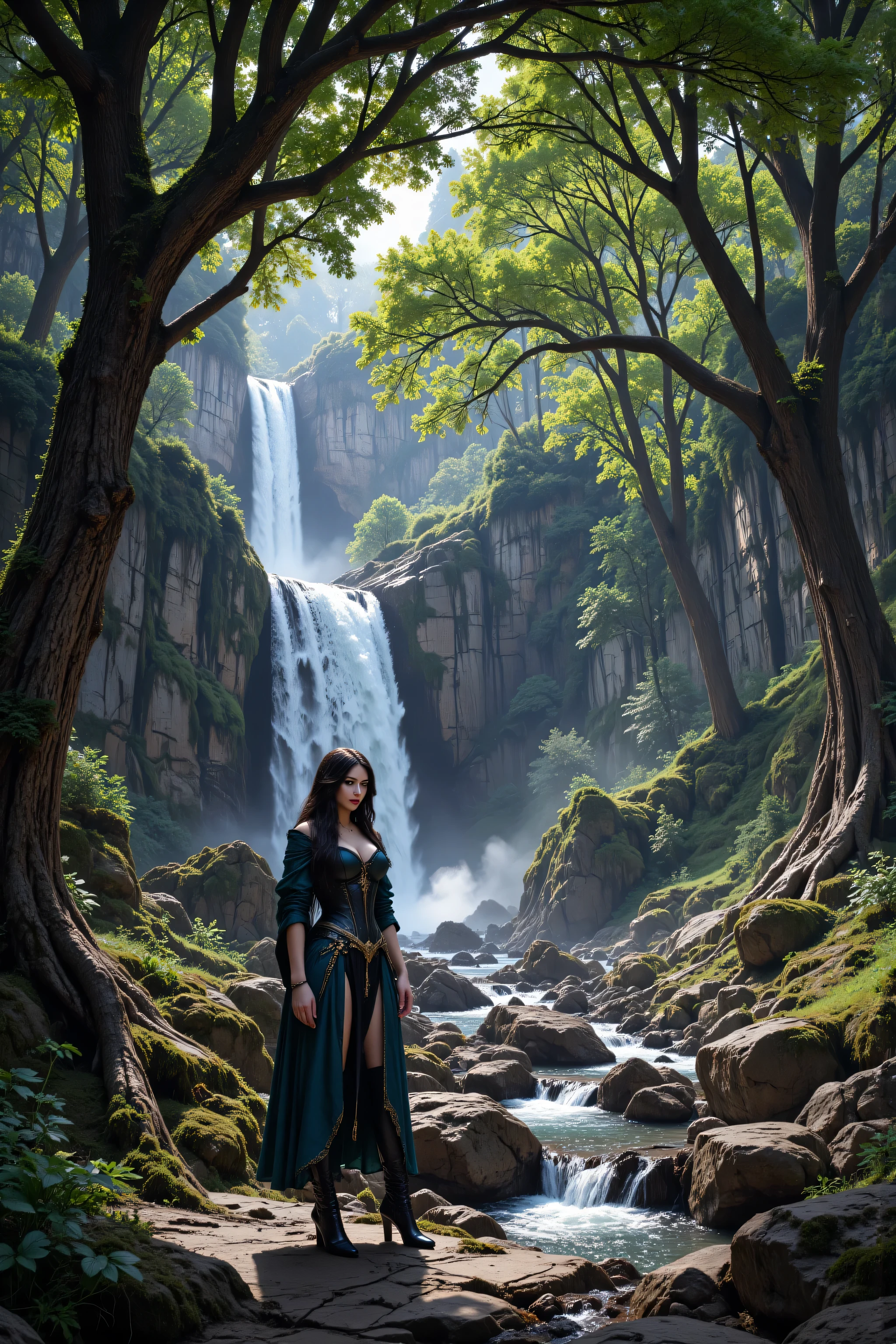 hyp3rd3tail style,OMNH,flux-color,aidmamjv7, picture of an elf druid grove in a fantasy forest and its druid warden observing all, a fantasy forest (intricate details, Masterpiece, best quality), many trees, a stream of water (intricate details, Masterpiece, best quality), waterfall (intricate details, Masterpiece, best quality), elf female druid, full body (intricate details, Masterpiece, best quality), exquisite beautiful woman druid (intricate details, Masterpiece, best quality), ultra detailed face (intricate details, Masterpiece, best quality), black hair, long hair, wavy hair (intricate details, Masterpiece, best quality), dynamic eyes color, fair skin, wearing blue cloak (intricate details, Masterpiece, best quality:), green robe (intricate details, Masterpiece, best quality), wearing high heels boots, cinematic light, pastoral atmosphere, divine light, gods rays,