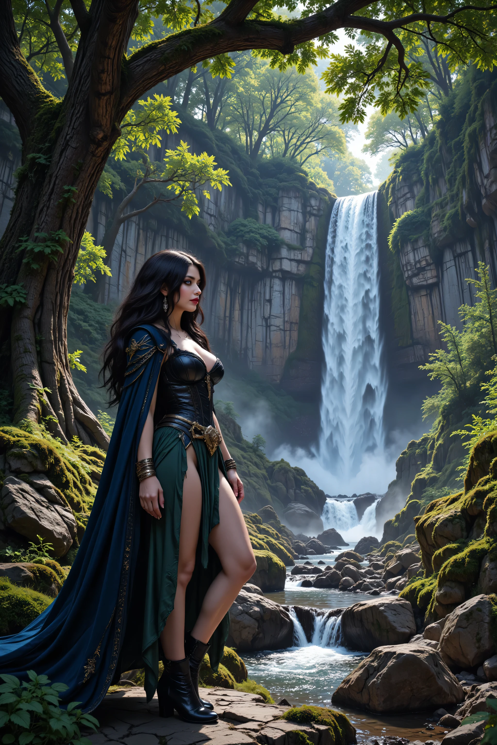 hyp3rd3tail style,OMNH,flux-color,aidmamjv7, picture of an elf druid grove in a fantasy forest and its druid warden observing all, a fantasy forest (intricate details, Masterpiece, best quality), many trees, a stream of water (intricate details, Masterpiece, best quality), waterfall (intricate details, Masterpiece, best quality), elf female druid, full body (intricate details, Masterpiece, best quality), exquisite beautiful woman druid (intricate details, Masterpiece, best quality), ultra detailed face (intricate details, Masterpiece, best quality), black hair, long hair, wavy hair (intricate details, Masterpiece, best quality), dynamic eyes color, fair skin, wearing blue cloak (intricate details, Masterpiece, best quality:), green robe (intricate details, Masterpiece, best quality), wearing high heels boots, cinematic light, pastoral atmosphere, divine light, gods rays,