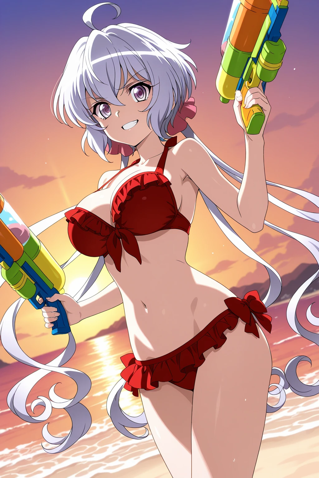 silver hair、gray eyes、twin tails、flat chest、Golden Micro Bikini、he is short、High resolution、highest quality、detailed face、beach、anime moe art style、smile、cowboy shot
