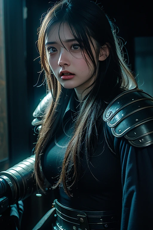 Chinese woman, 20yr old, Handsome and sexy,black soldier costume,joint armor,Black Jeans,Black boots,DAY TIME,sideways standing, Calm and indifferent, Detailed body, Detailed faces, oily body, gorgeous one, hyper realisitc, Handsome and charming, heroic look, Long ponytail hairstyle,With long bangs,Amazing amount of hair,Flowing hairstyle,ambientlighting,detailedbackground,Volumetriclighting,cellshading,8K