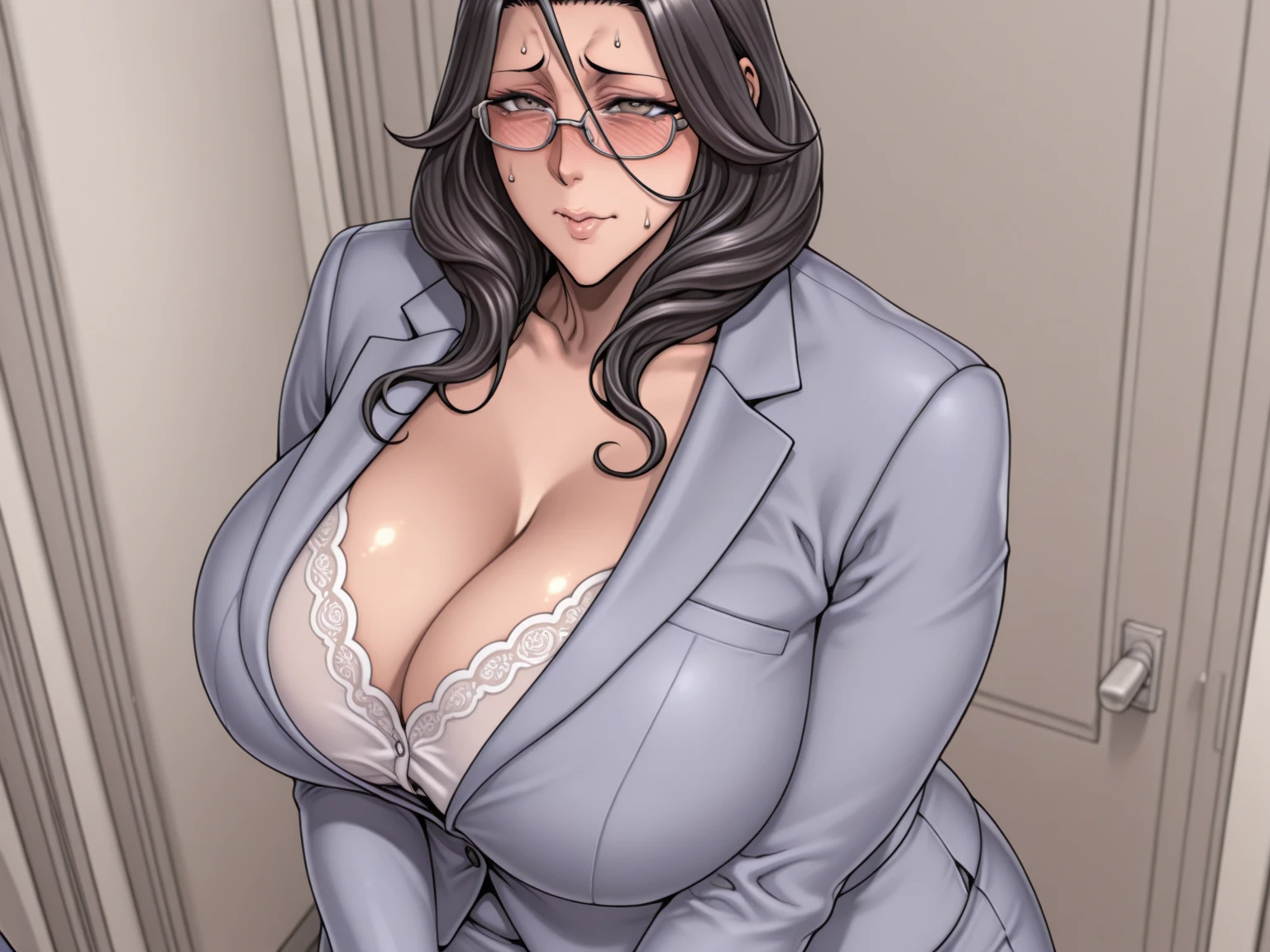 50 year old mature adult woman、Men holding  and surrounding a girl、Teasing Smile、、From the 、in the train、 for girls、Thick thighs crowded together、Plump Mature Woman、Knit dress、 the 、Glasses、Ugly