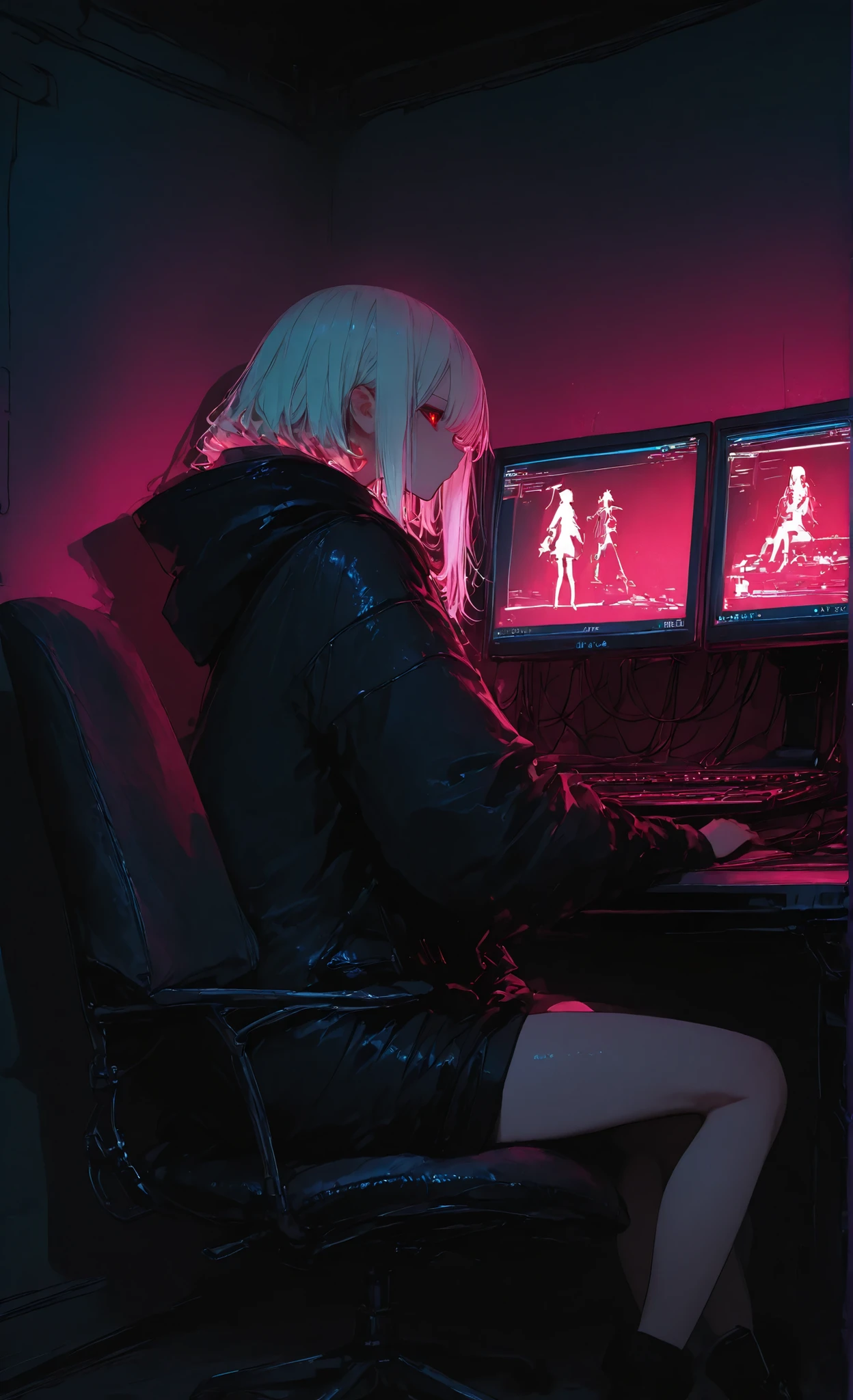 dark fantasy, low key lighting, silhouette, cyberpunk female character on a computer setup sitting on a chair