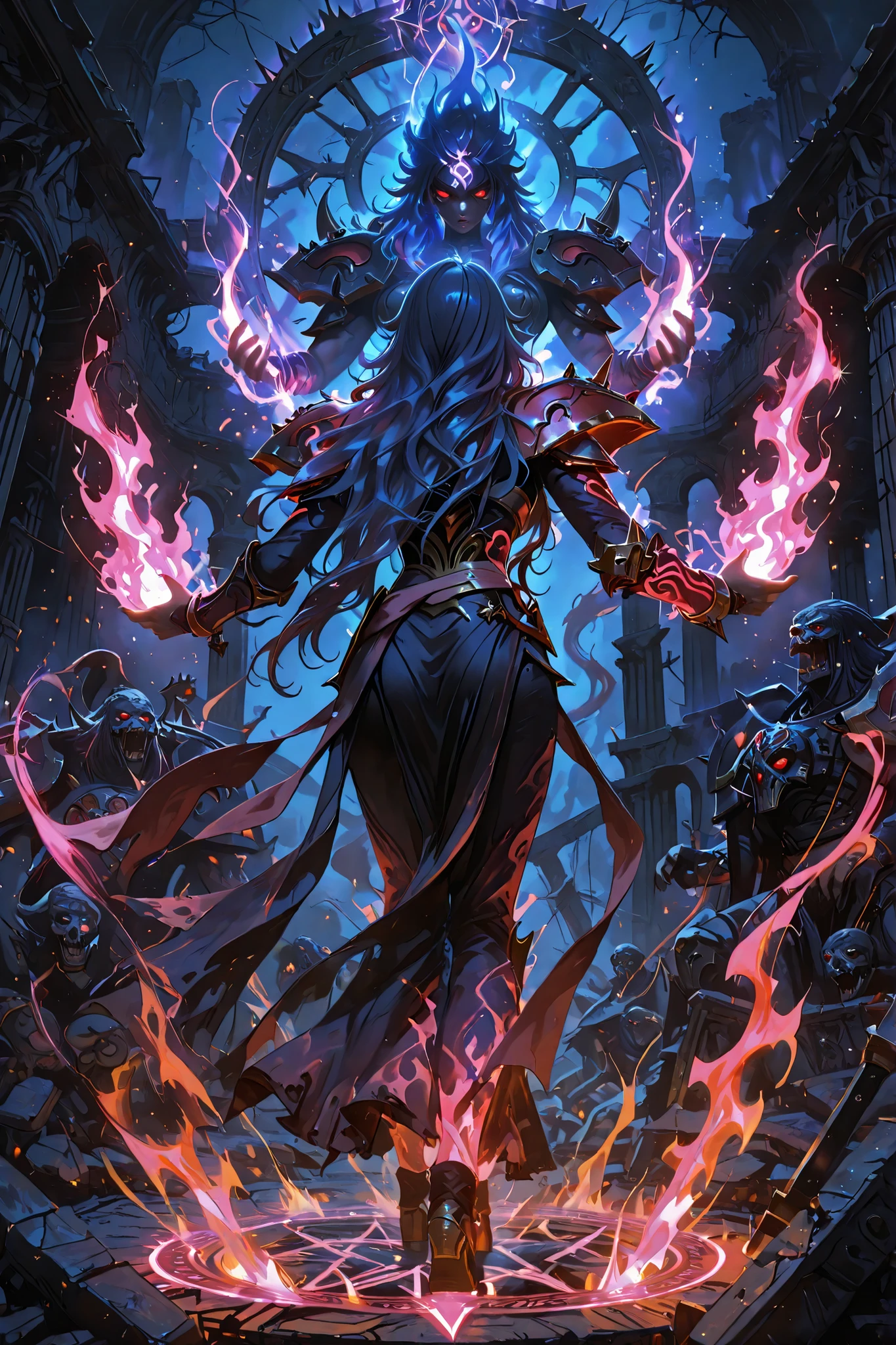 Many monsters, orde of monsters, (magic_circle:1.1),(flames / fire effect:1.1),(sparkles / particles:1.1),(aura / energy aura:1.1),chiaroscuro, painterly lighting, digital painting,ultra-detailed, high detail, best quality, masterpiece, sharp focus, detailed shadows, vivid colors,masterpiece, best quality, 1girl, demoniac-chef, backview, (dynamic pose:1.3), (fierce expression:1.2), wery long long long wavy darkblue hair, (glowing-fire red eyes:1.1), dark magic energy warrior genshin impact clothes, , (enormous warhammer:1.4), (magic energy aura:1.2), (ancient ruins:1.1), ((monster horde:1.2)), (dramatic lighting:1.3), (rich contrast:1.2), (night scene:1.1), (epic battle:1.4), detailed background, (cinematic angle:1.1)