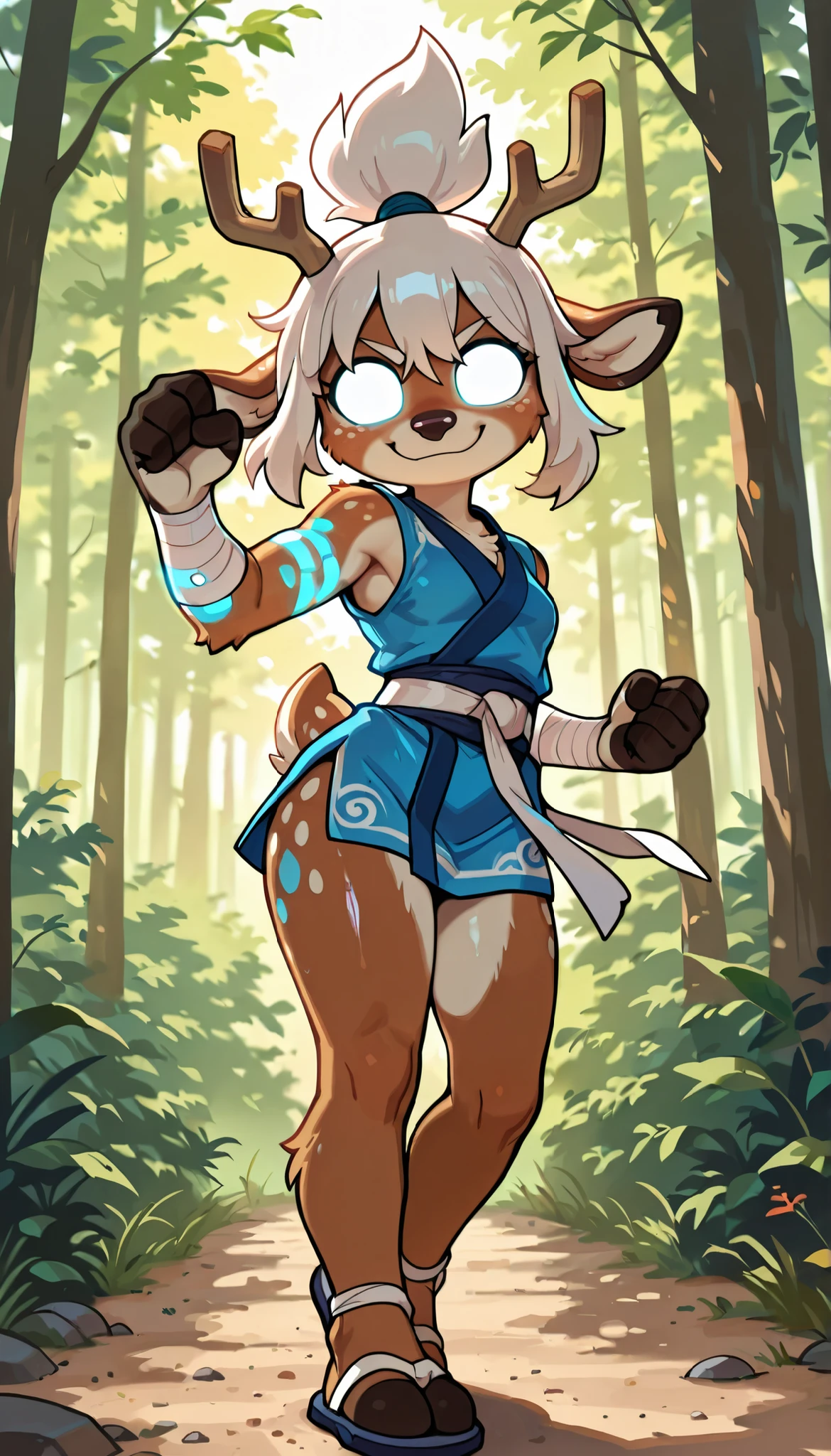 score_9, score_8_up, score_7_up, 1girl, solo, masterpiece, best quality, amazing quality, very aesthetic, absurdres, source furry, furry deer, glowing eyes, deer ears, deer tail, deer features, two tone body fur, brown body fur, white body fur, white hair, messy bangs, topknot messy ponytail, looking at viewer, smile, oily skin, (short body, tiny body), big head, closeup, ((blue short kimono, sleeveless, white bandages, sandals)), cheek tuft, smile, full body, feets with three toes, forest on background, small breasts, female furry, action pose, karate fight, avatar state, blue glowing tattoo on arms,
