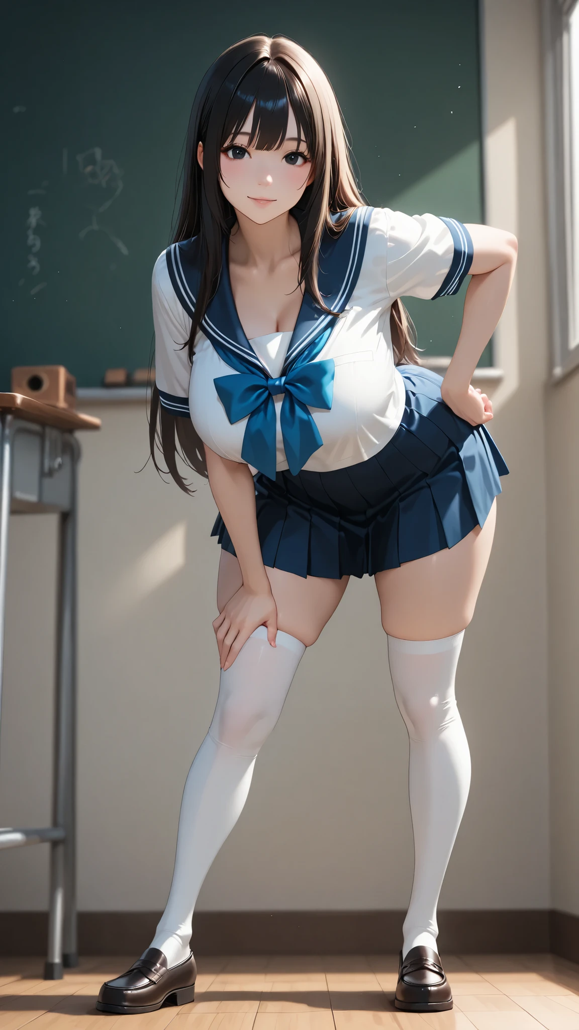A beautiful woman, cute idol face, detailed black eyes, hair, big legs, loafer, thigh high socks, thick thigh, lean forward pose, cross legs standing, adult, sailor uniform, beautiful big breasts, Cinematic , incredible high resolution quality, masterpiece, superior quality, very detailed, High quality anime image), scaly skin attitude, bright light, elegant, in classroom, detailed illustration, vibrante, soft lighting