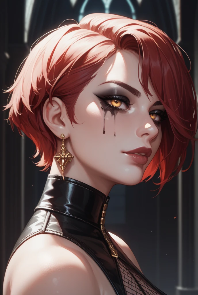 a muscular masculine man with short pink hair, wearing a gothic dress, androgynous face, (best quality,4k,8k,highres,masterpiece:1.2),ultra-detailed,(realistic,photorealistic,photo-realistic:1.37),extremely detailed eyes and lips,detailed skin and face,cinematic lighting,moody lighting,dramatic lighting,dramatic pose,detailed background,intricate pattern,vibrant colors