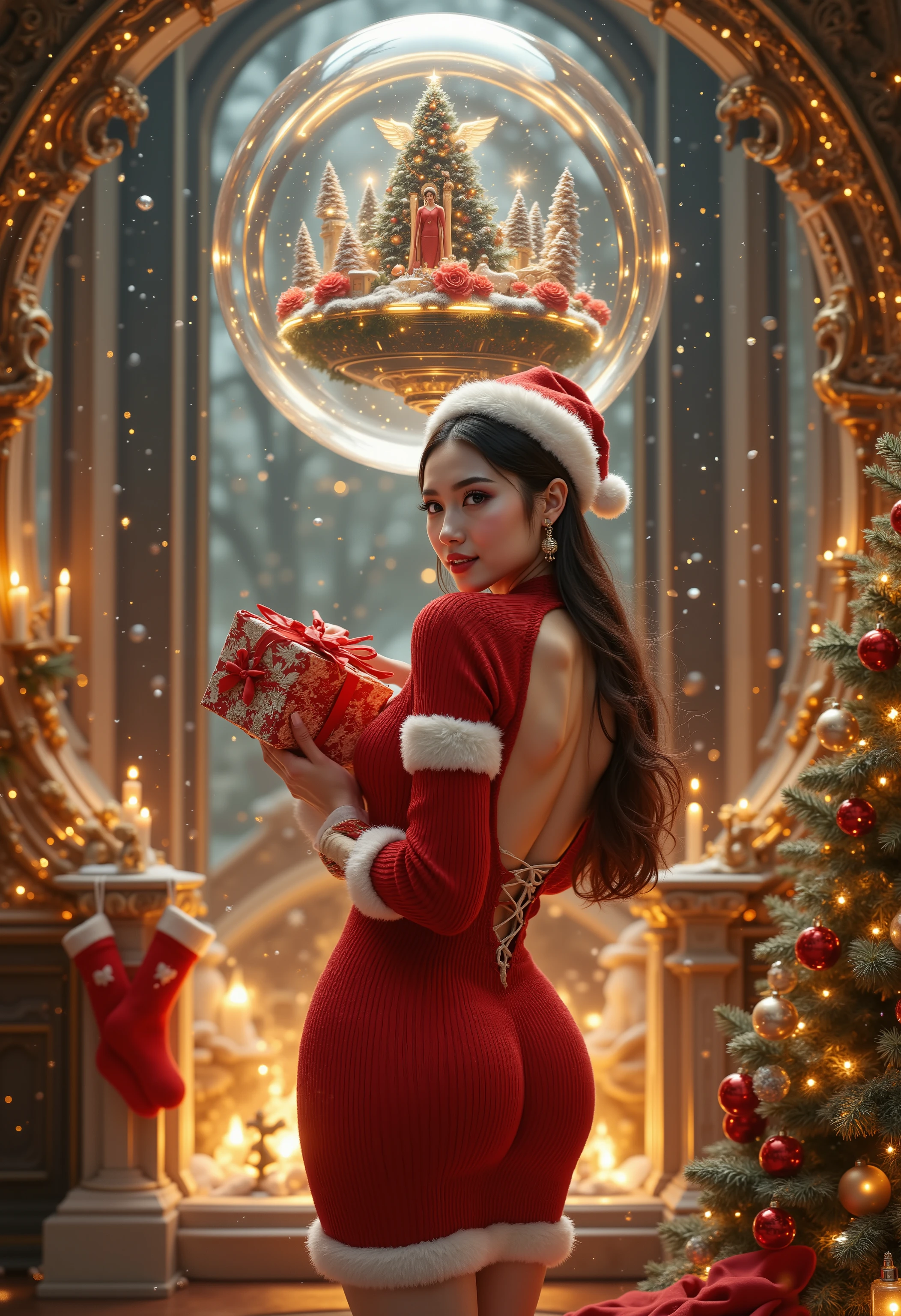 Within a grand spherical glass dome floats a dual-layered ethereal paradise: in the lower tier, a festive scene of a breathtakingly beautiful woman in a red knit mini Santa dress, styled as a backless turtleneck sweater-dress with lace-up open back and deep side cutouts, hugging her elegant hourglass figure. She leans forward, offering a wrapped Christmas gift with satin ribbon, smiling with bliss and shy embarrassment; luminous porcelain skin, rosy cheeks, dewy lips, flawless complexion, graceful collarbones. Ultra-beautiful face, symmetrical features, large expressive eyes, long lashes, refined nose, soft blush. Santa hat with white plush trim, subtle white fur hem. She stands beside a glowing fireplace with stockings and a radiant Christmas tree adorned with glass ornaments and golden ribbons.
Above her, suspended in the upper tier of the dome, floats a celestial aerial garden: luminous flowers and drifting blossoms bathed in otherworldly light, maintained by two serene angels in intricate robes. They guide delicate mechanical systems—gears, levers, radiant circuits—pulsing with divine energy. The angels move with quiet devotion, overseeing the harmony of this mystical realm. Snow gently swirls throughout the dome, refracting light and connecting both realms in a flawless symphony of fantasy and realism.
Lighting: golden fireplace glow below, ethereal ambient light above; soft rim light on the woman’s skin and hair, radiant highlights on angelic mechanisms. Depth of field: creamy bokeh from tree lights and floating blossoms. Style: photorealistic with anime-inspired elegance, ultra-detailed, cinematic POV framing. Atmosphere: festive, divine, romantic, surreal.