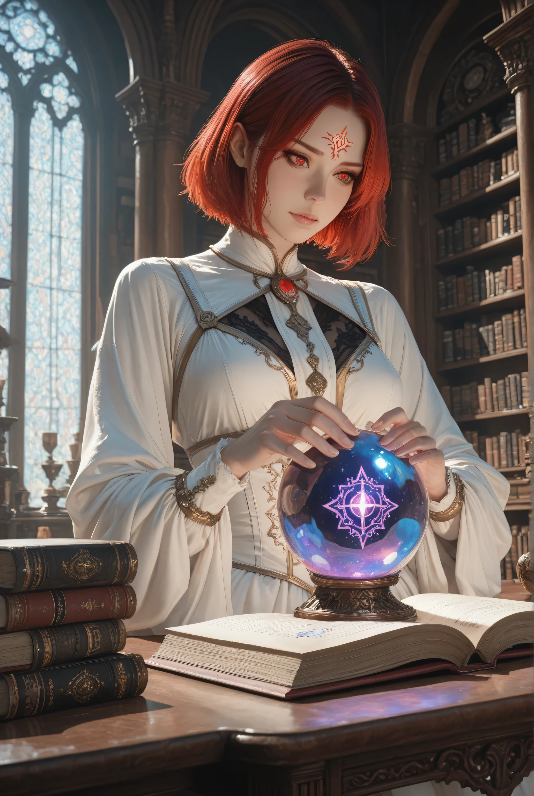wearing a clothes,Contrast,masterpiece, best quality, very aesthetic, absurdres,,a picture of a human mecha woman sorceress sittings in her magical lab, divining distant places in her crystal ball, epic beautiful human woman, ultra detailed face , red hair, short hair, red eyes, dynamic dress, white dress, magical library, with many books, and magical runes and wards, glowing arcane sigils , crystal ball, on table, runes on crystal balls, fantasy magical library background, high details, best quality, 16k, best detailed, masterpiece, best quality, (extremely detailed), photorealistic, fantasy art, RPG art,  , , Ultra-Wide Angle, high detail, award winning, best quality, HD, 16K, 3D rendering, high details, best quality, highres, ultra wide angle, 3D rendering, [[anatomically correct]]