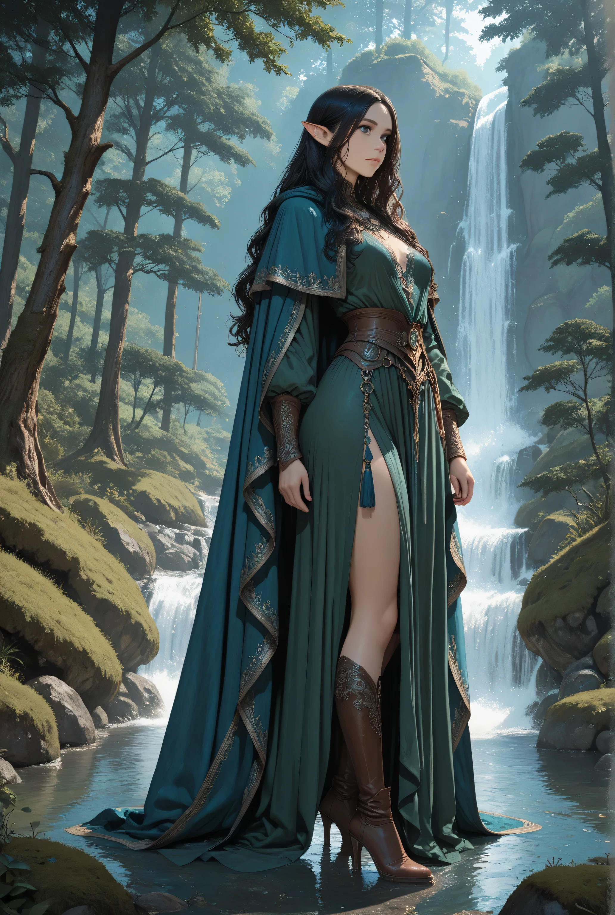 blue color,Contrast,masterpiece, best quality, very aesthetic, absurdres, picture of an elf druid grove in a fantasy forest and its druid warden observing all, a fantasy forest (intricate details, Masterpiece, best quality), many trees, a stream of water (intricate details, Masterpiece, best quality), waterfall (intricate details, Masterpiece, best quality), elf female druid, full body (intricate details, Masterpiece, best quality), exquisite beautiful woman druid (intricate details, Masterpiece, best quality), ultra detailed face (intricate details, Masterpiece, best quality), black hair, long hair, wavy hair (intricate details, Masterpiece, best quality), dynamic eyes color, fair skin, wearing blue cloak (intricate details, Masterpiece, best quality:), green robe (intricate details, Masterpiece, best quality), wearing high heels boots, cinematic light, pastoral atmosphere, divine light, gods rays,