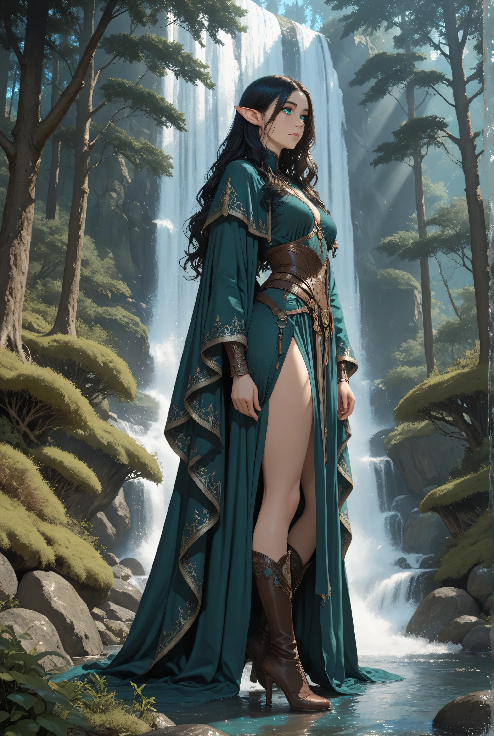 blue color,Contrast,masterpiece, best quality, very aesthetic, absurdres, picture of an elf druid grove in a fantasy forest and its druid warden observing all, a fantasy forest (intricate details, Masterpiece, best quality), many trees, a stream of water (intricate details, Masterpiece, best quality), waterfall (intricate details, Masterpiece, best quality), elf female druid, full body (intricate details, Masterpiece, best quality), exquisite beautiful woman druid (intricate details, Masterpiece, best quality), ultra detailed face (intricate details, Masterpiece, best quality), black hair, long hair, wavy hair (intricate details, Masterpiece, best quality), dynamic eyes color, fair skin, wearing blue cloak (intricate details, Masterpiece, best quality:), green robe (intricate details, Masterpiece, best quality), wearing high heels boots, cinematic light, pastoral atmosphere, divine light, gods rays,
