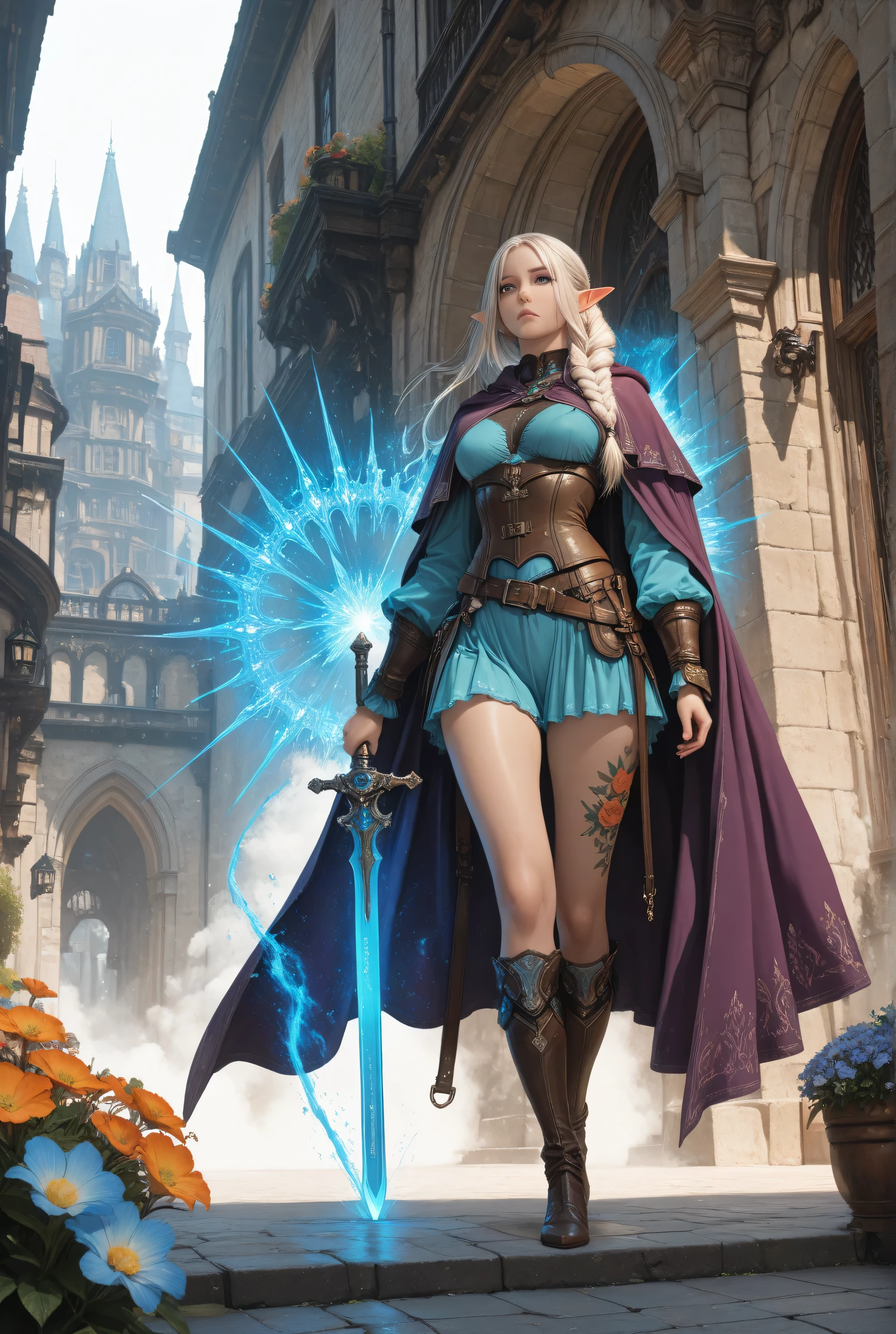 masterpiece, best quality, very aesthetic, absurdres,Medium breasts woman,Contrast,flower tattoo,wearing a clothes,blue color,,a picture of a female elf (intense details, Masterpiece, best quality) fantasy swashbuckler, fantasy fencer, armed with a slim sword, shinning sword, metallic shine, multi colored, white and blue clothes, fully clothed,  an ultra wide shot, full body (intense details, Masterpiece, best quality)epic beautiful female elf (intense details, Masterpiece, best quality), rich hair, braided hair, small pointed ears, action shot,  colorful magical sigils in the air, colorful arcane markings floating,   raising a sword (intricate details, Masterpiece, best quality), fantasy urban street (intense details, Masterpiece, best quality),  purple cloak, long cloak (intense details, Masterpiece, best quality), sense of daring, sense of adventure,  high details, best quality, 8k, [ultra detailed], masterpiece, best quality, (extremely detailed), dynamic angle, ultra wide shot, photorealistic, RAW, fantasy art, 