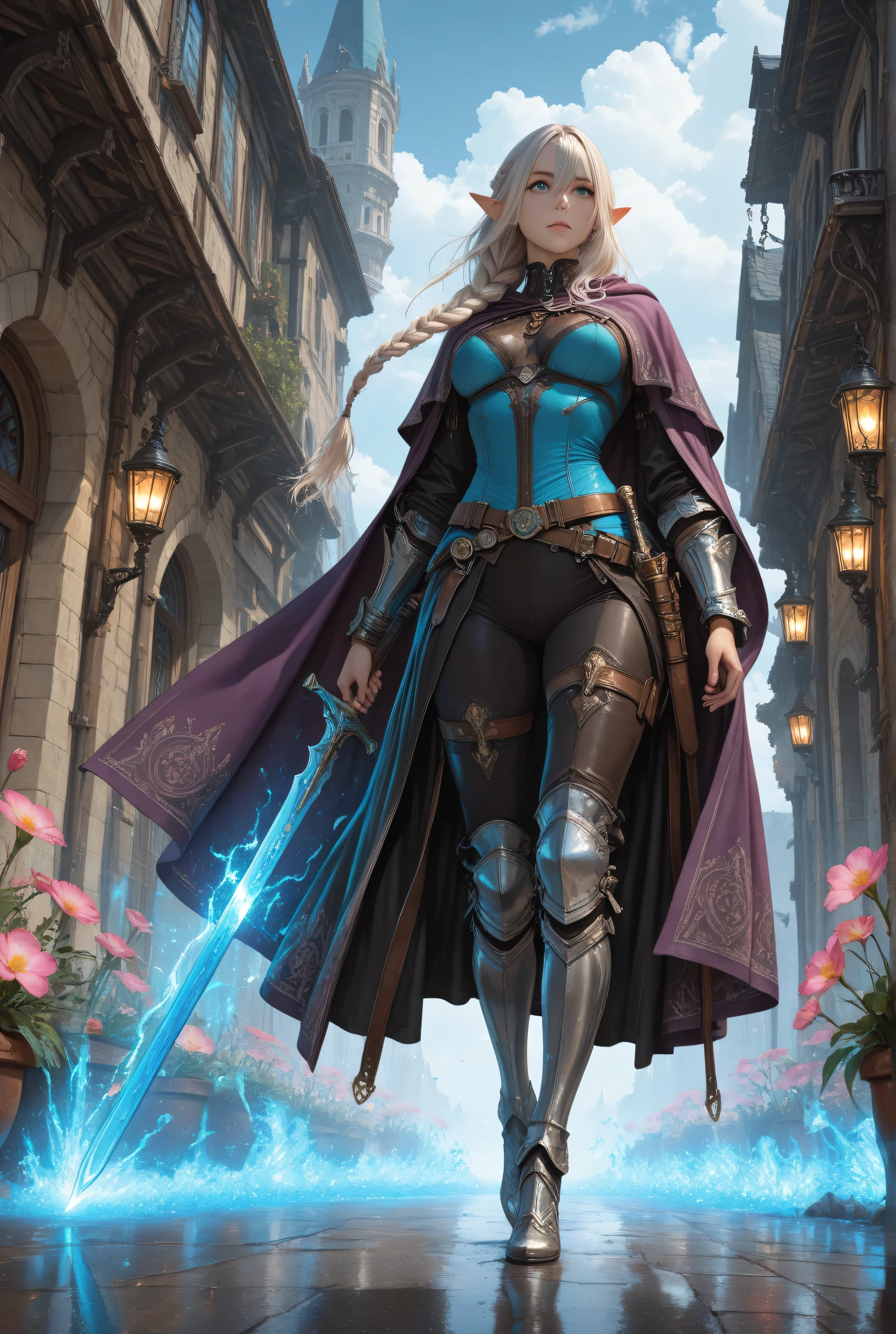 masterpiece, best quality, very aesthetic, absurdres,Medium breasts woman,Contrast,flower tattoo,wearing a clothes,blue color,,a picture of a female elf (intense details, Masterpiece, best quality) fantasy swashbuckler, fantasy fencer, armed with a slim sword, shinning sword, metallic shine, multi colored, white and blue clothes, fully clothed,  an ultra wide shot, full body (intense details, Masterpiece, best quality)epic beautiful female elf (intense details, Masterpiece, best quality), rich hair, braided hair, small pointed ears, action shot,  colorful magical sigils in the air, colorful arcane markings floating,   raising a sword (intricate details, Masterpiece, best quality), fantasy urban street (intense details, Masterpiece, best quality),  purple cloak, long cloak (intense details, Masterpiece, best quality), sense of daring, sense of adventure,  high details, best quality, 8k, [ultra detailed], masterpiece, best quality, (extremely detailed), dynamic angle, ultra wide shot, photorealistic, RAW, fantasy art, 