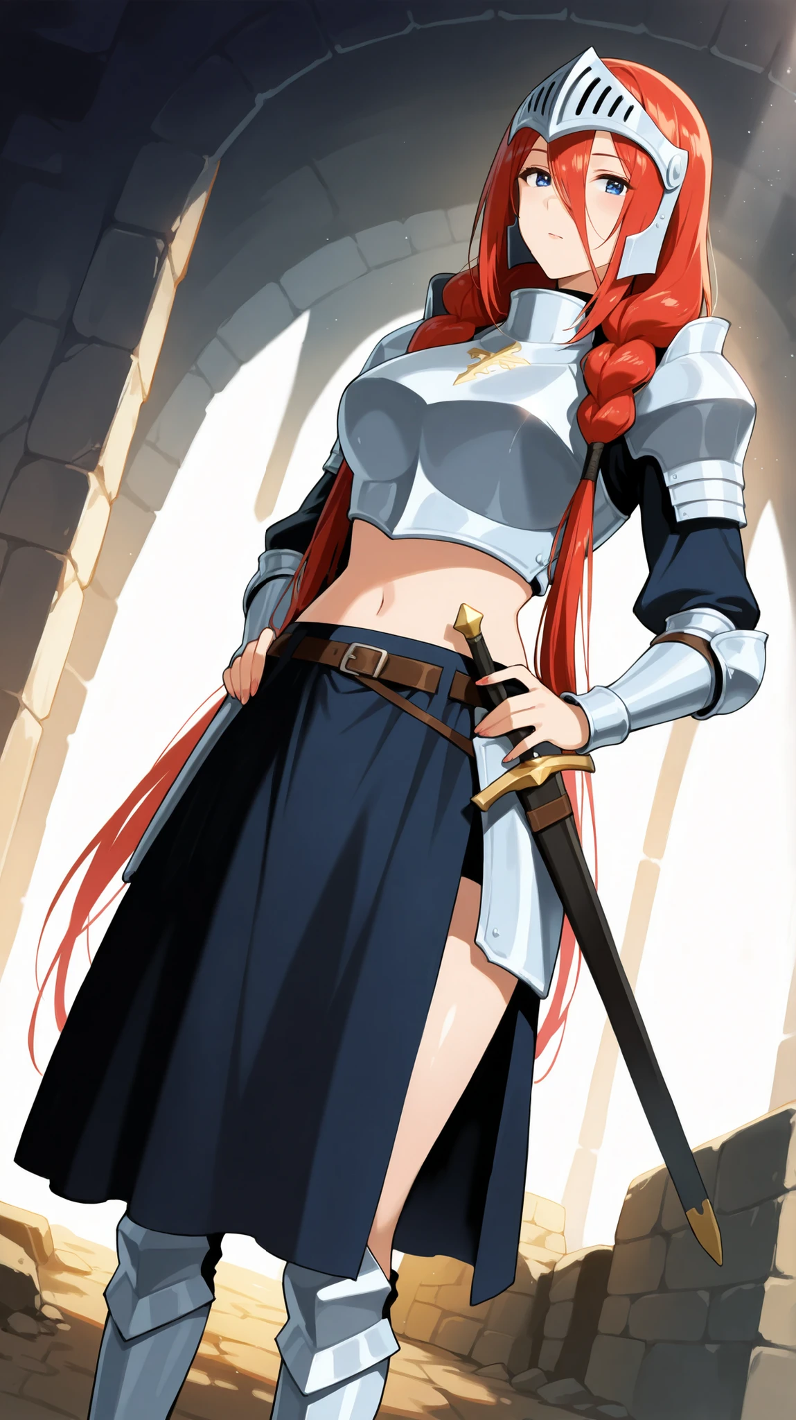 ((Studio: CloverWorks)) masterpiece , best quality , highly detailed , ultra high res , Score_9, Score_8_up, Score_7_up, perfect anatomy, detailed fingers, detailed big blue eyes, cowboy shot, dutch angle, focus on face, masterpiece, detailed anime, Sharp Focus, lady, JK, detailed face, detailed blue eyes, long straight hair, red hair, voluminous pigtails, mature woman, black highlights, long bangs, joy in your eyes, knee, big breasts, solo (Short skirt, sword on her hips, A knight armor with breastplate:1.3, midriff armor, head armor, arms armor, knight boots, hot very women, dungeon scenery:1.3,)