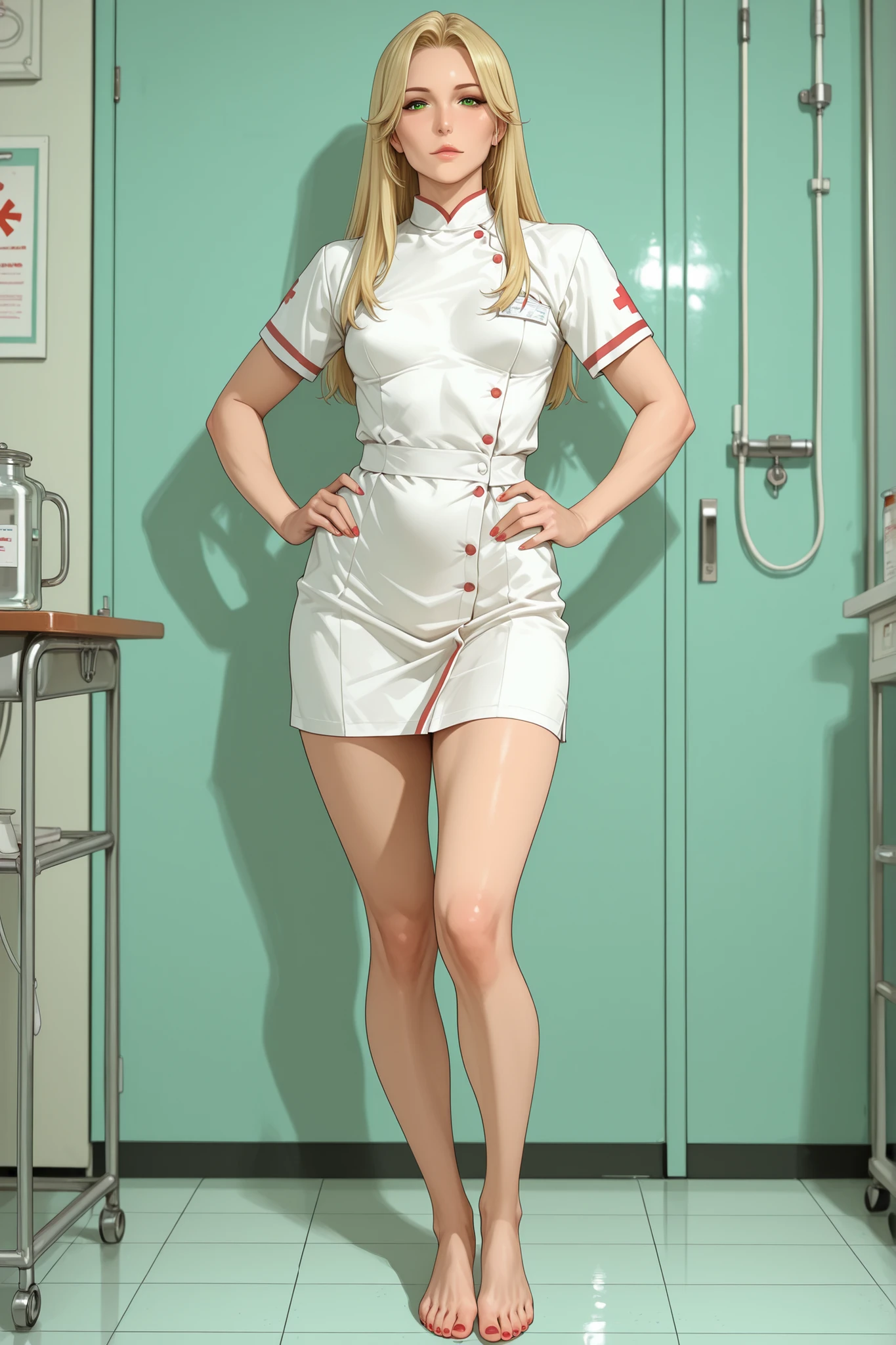 female_focus, 1girl, solo, mature_female, blonde, straight_hair, green_eyes, small_breasts, veterinary_nurse, barefoot, standing, looking_at_viewer, hand_on_own_hips, red_toenails