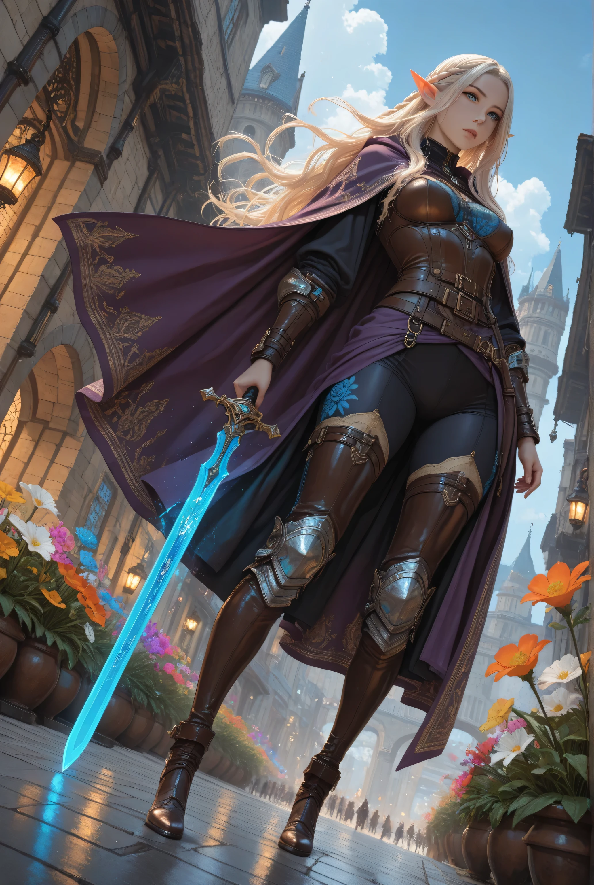 masterpiece, best quality, very aesthetic, absurdres,Medium breasts woman,Contrast,flower tattoo,wearing a clothes,blue color,a picture of a female elf (intense details, Masterpiece, best quality) fantasy swashbuckler, fantasy fencer, armed with a slim sword, shinning sword, metallic shine, colorful clothes, dynamic clothing, an ultra wide shot, full body (intense details, Masterpiece, best quality)epic beautiful female elf (intense details, Masterpiece, best quality), rich hair, braided hair, small pointed ears, action shot, GlowingRunesAI_red , colorful magical sigils in the air, colorful arcane markings floating,  holding a sword (intricate details, Masterpiece, best quality), fantasy urban street (intense details, Masterpiece, best quality),  purple cloak, long cloak (intense details, Masterpiece, best quality), sense of daring, sense of adventure,  high details, best quality, 8k, [ultra detailed], masterpiece, best quality, (extremely detailed), dynamic angle, ultra wide shot, photorealistic, RAW, 