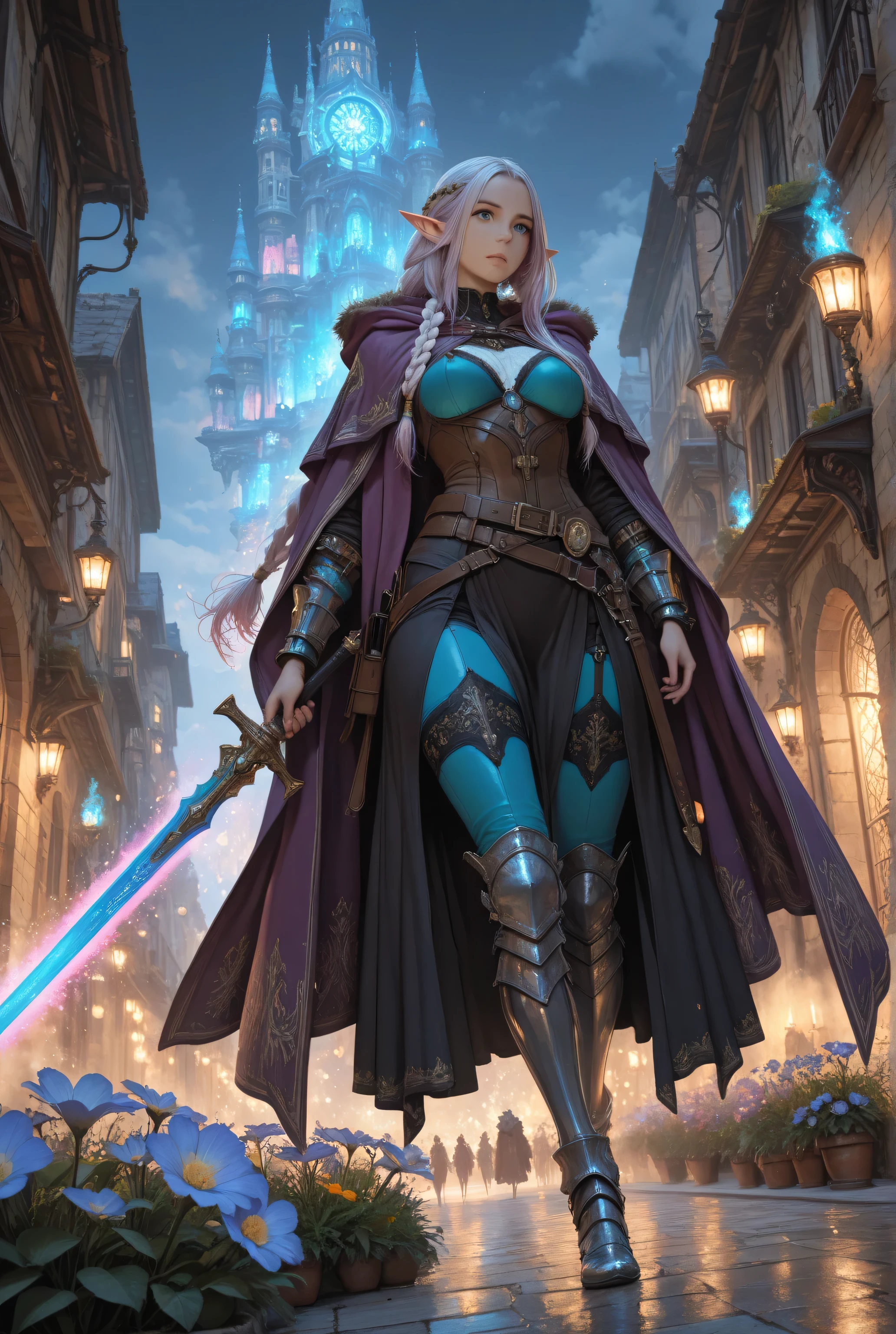masterpiece, best quality, very aesthetic, absurdres,Medium breasts woman,Contrast,flower tattoo,wearing a clothes,blue color,a picture of a female elf (intense details, Masterpiece, best quality) fantasy swashbuckler, fantasy fencer, armed with a slim sword, shinning sword, metallic shine, colorful clothes, dynamic clothing, an ultra wide shot, full body (intense details, Masterpiece, best quality)epic beautiful female elf (intense details, Masterpiece, best quality), rich hair, braided hair, small pointed ears, action shot, GlowingRunesAI_red , colorful magical sigils in the air, colorful arcane markings floating,  holding a sword (intricate details, Masterpiece, best quality), fantasy urban street (intense details, Masterpiece, best quality),  purple cloak, long cloak (intense details, Masterpiece, best quality), sense of daring, sense of adventure,  high details, best quality, 8k, [ultra detailed], masterpiece, best quality, (extremely detailed), dynamic angle, ultra wide shot, photorealistic, RAW, 