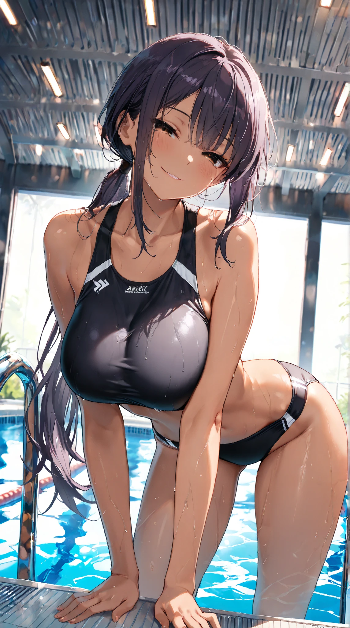 beautiful girl、Big Breasts、Black Hair、Long Straight、Great style、Nice body、Abdominal muscleuscular、Training Gym、Light purple  top、Cleavage、Light purple bikini pants、Beautiful buttocks、Toned Legs、Are standing、The whole body is visible、Sweaty skin、Training socks、One girl